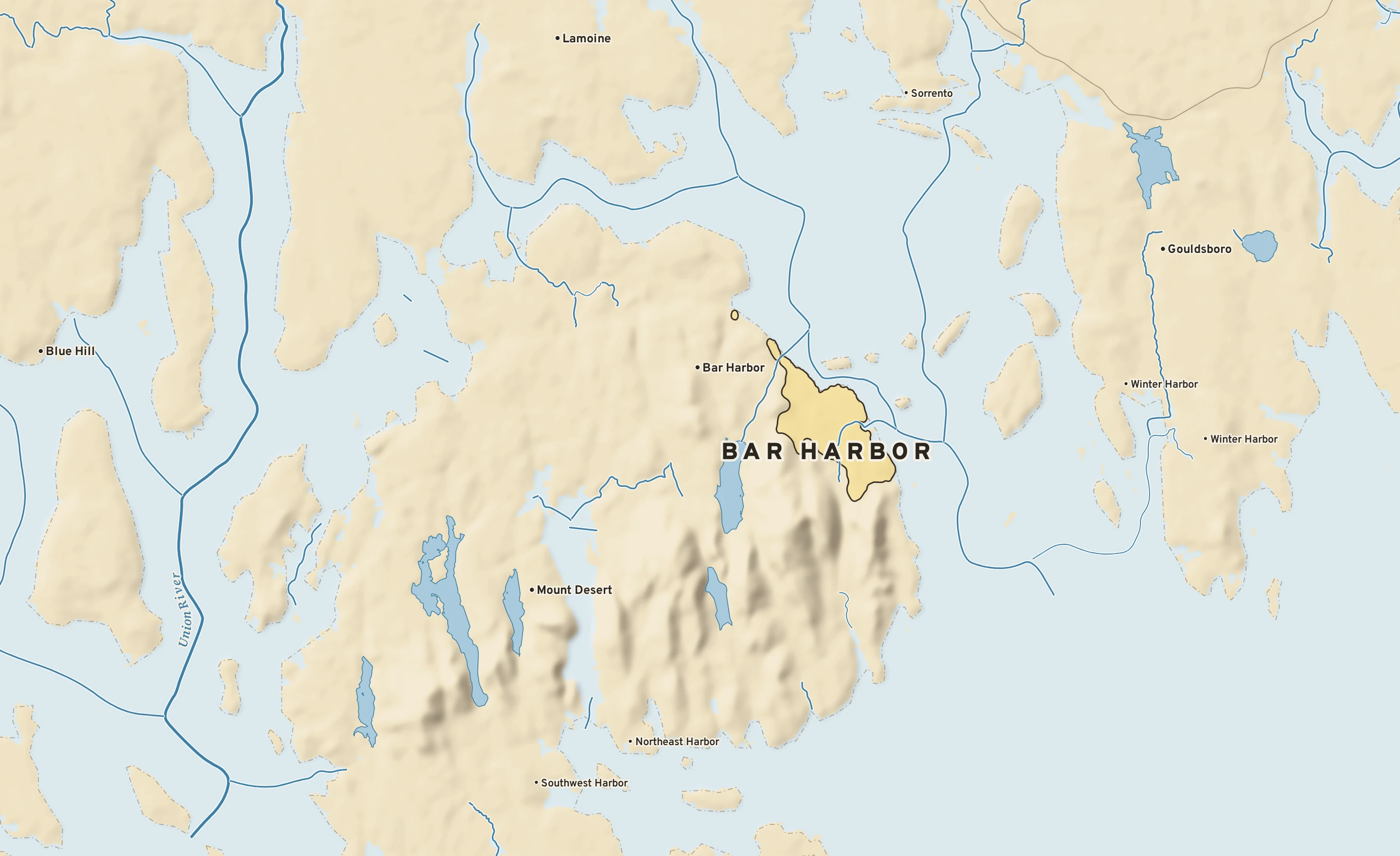 Shaded-relief atlas plate of Bar Harbor, Maine: rivers, roads, the city limits and where the water drains.