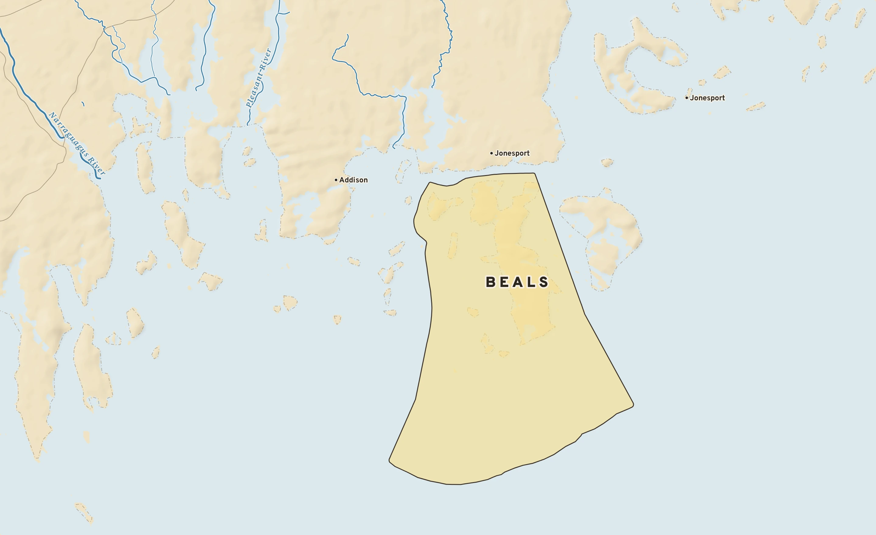 Shaded-relief atlas plate of Beals, Maine: rivers, roads, the city limits and where the water drains.