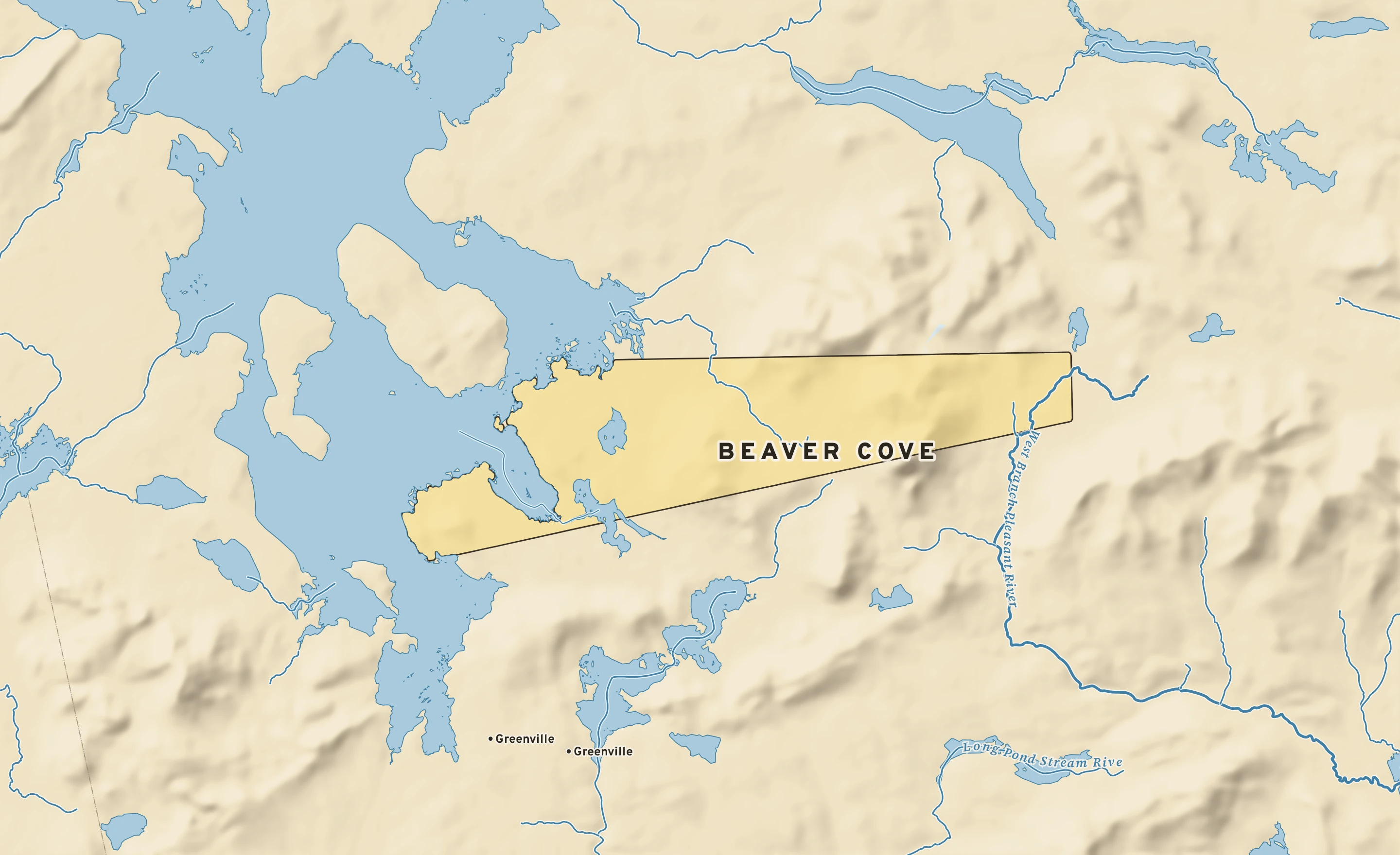 Shaded-relief atlas plate of Beaver Cove, Maine: rivers, roads, the city limits and where the water drains.