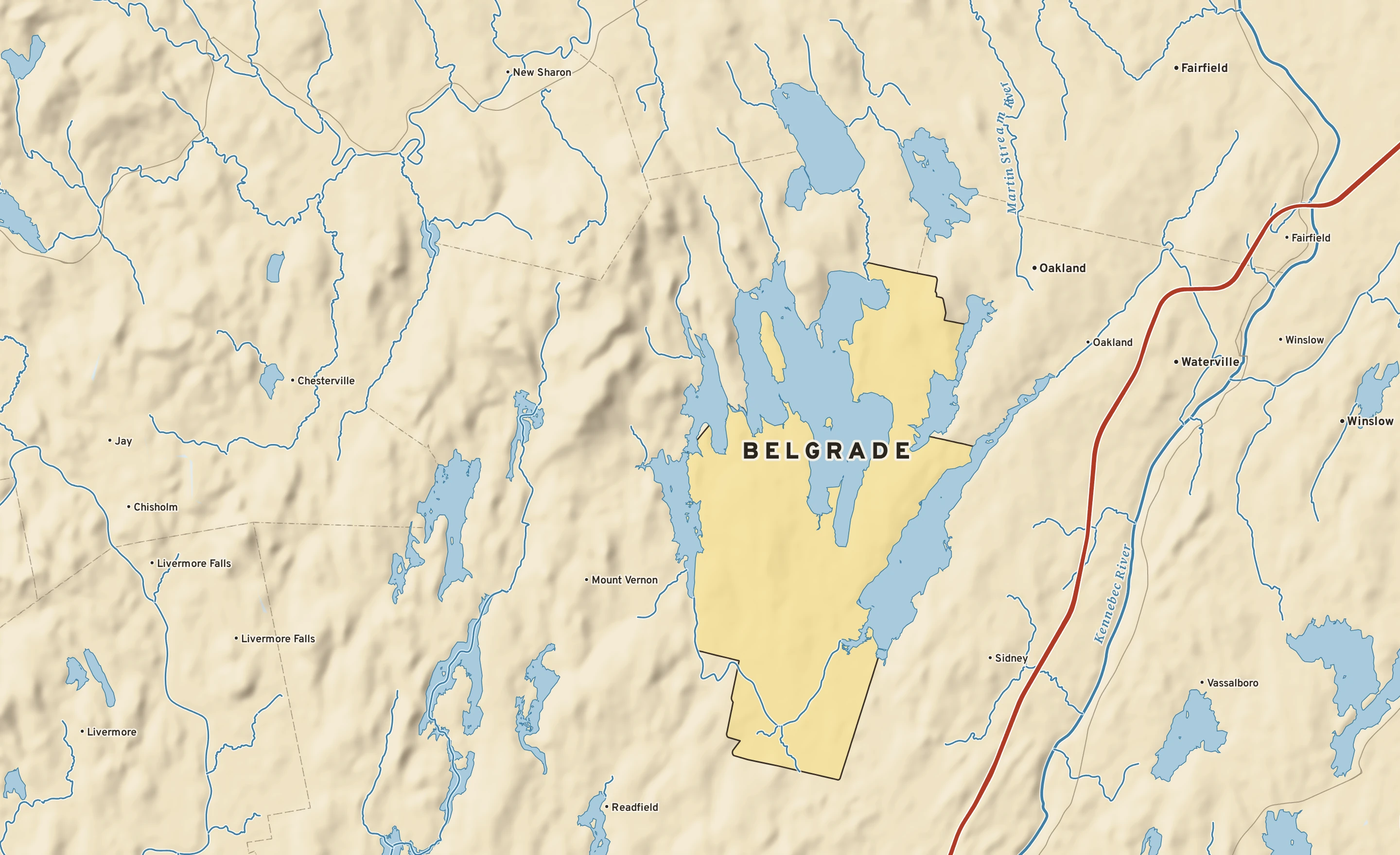 Shaded-relief atlas plate of Belgrade, Maine: rivers, roads, the city limits and where the water drains.