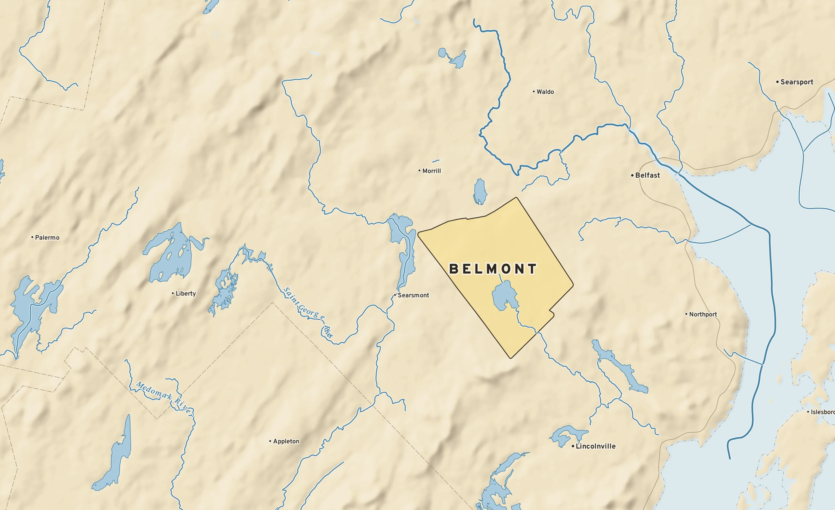 Shaded-relief atlas plate of Belmont, Maine: rivers, roads, the city limits and where the water drains.