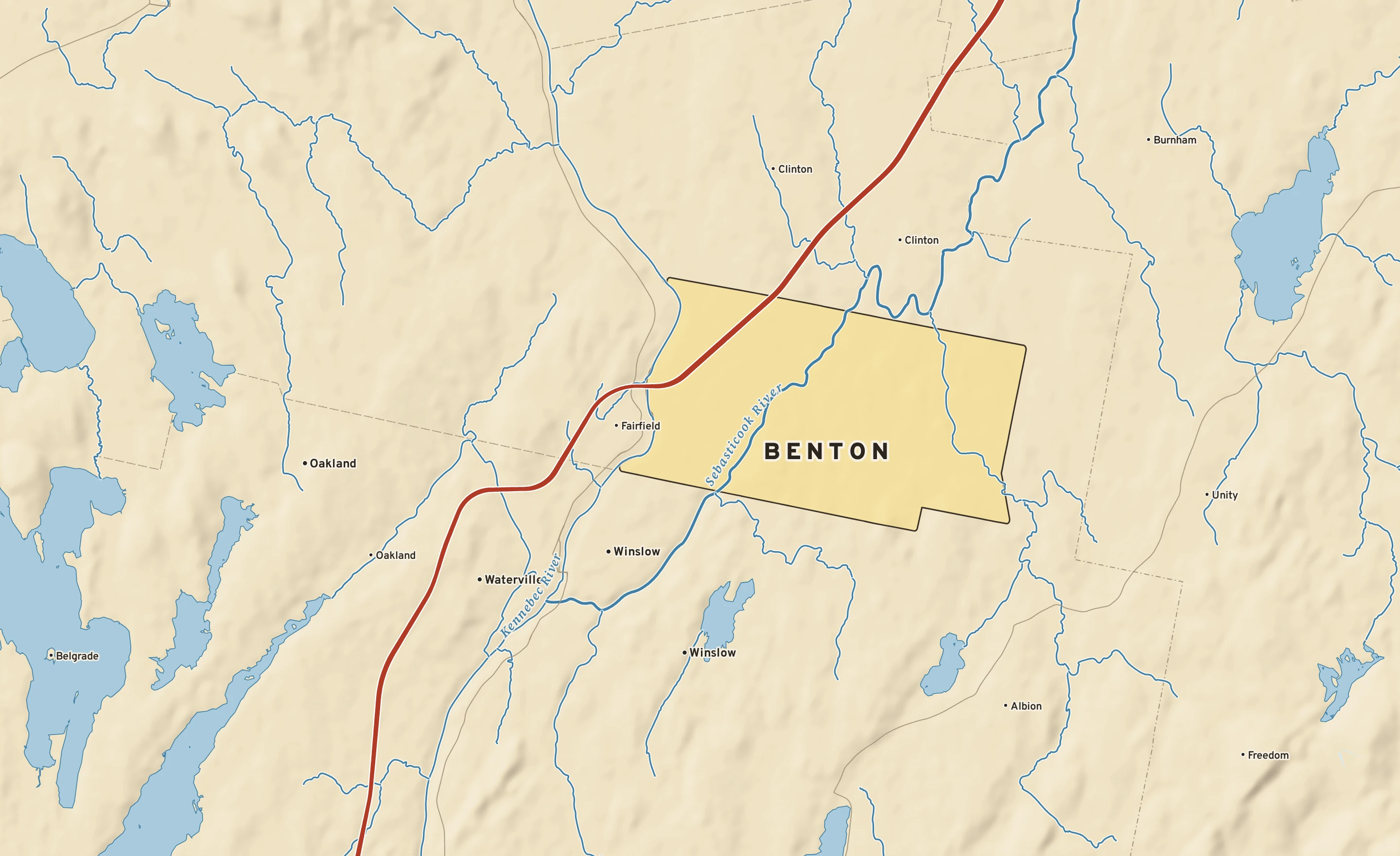 Shaded-relief atlas plate of Benton, Maine: rivers, roads, the city limits and where the water drains.