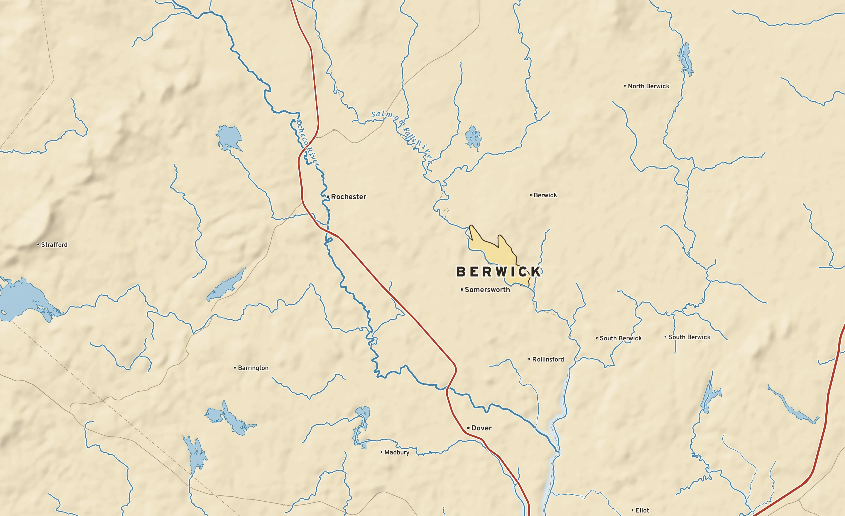 Shaded-relief atlas plate of Berwick, Maine: rivers, roads, the city limits and where the water drains.