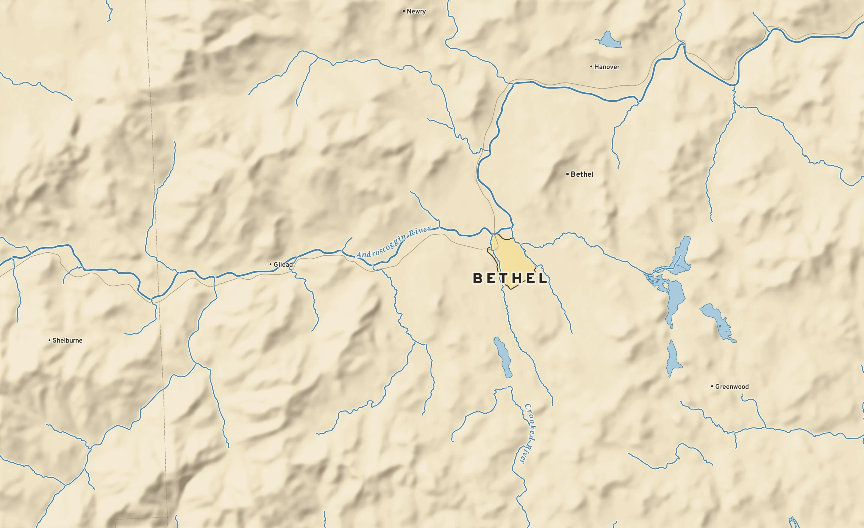 Shaded-relief atlas plate of Bethel, Maine: rivers, roads, the city limits and where the water drains.