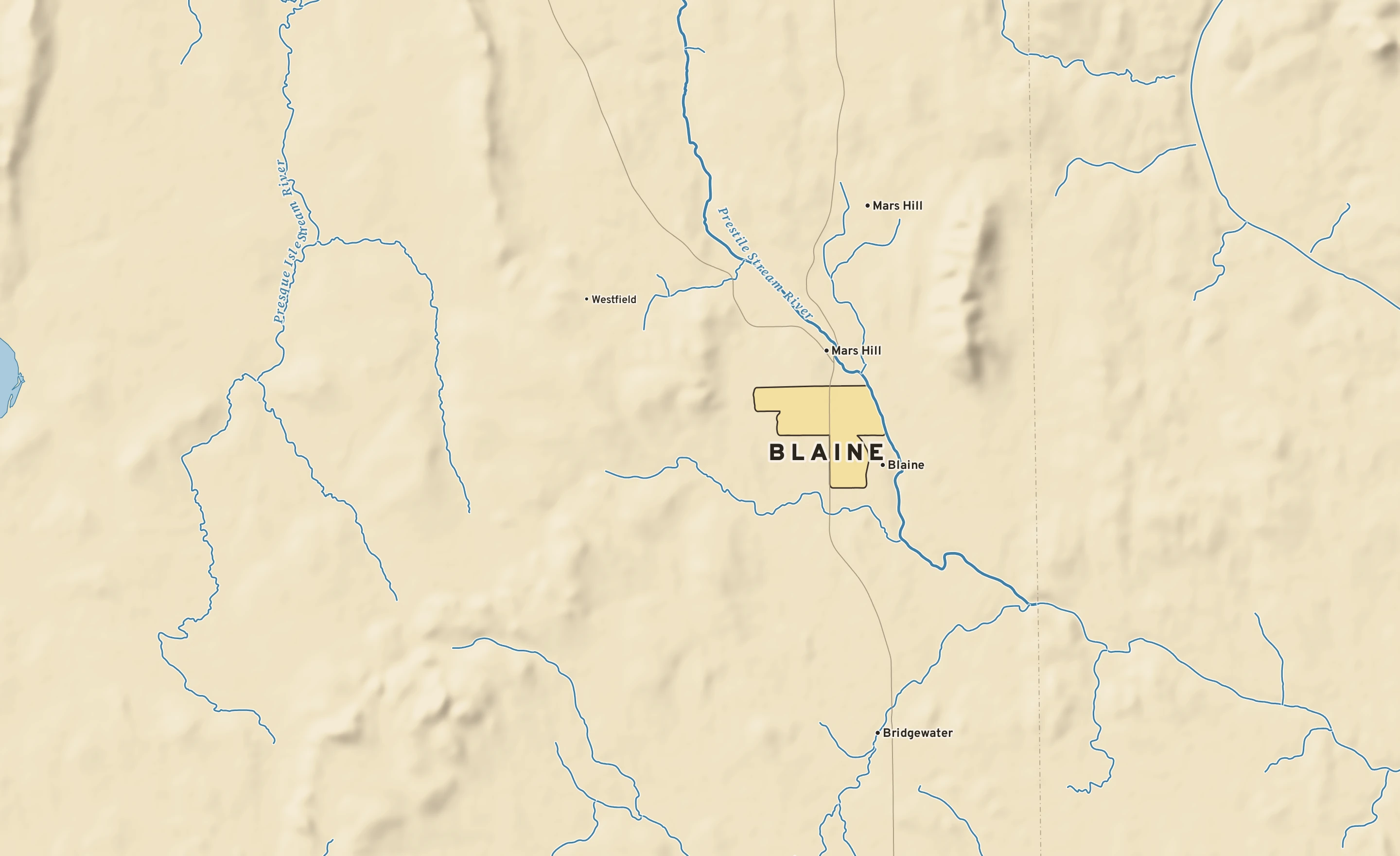 Shaded-relief atlas plate of Blaine, Maine: rivers, roads, the city limits and where the water drains.
