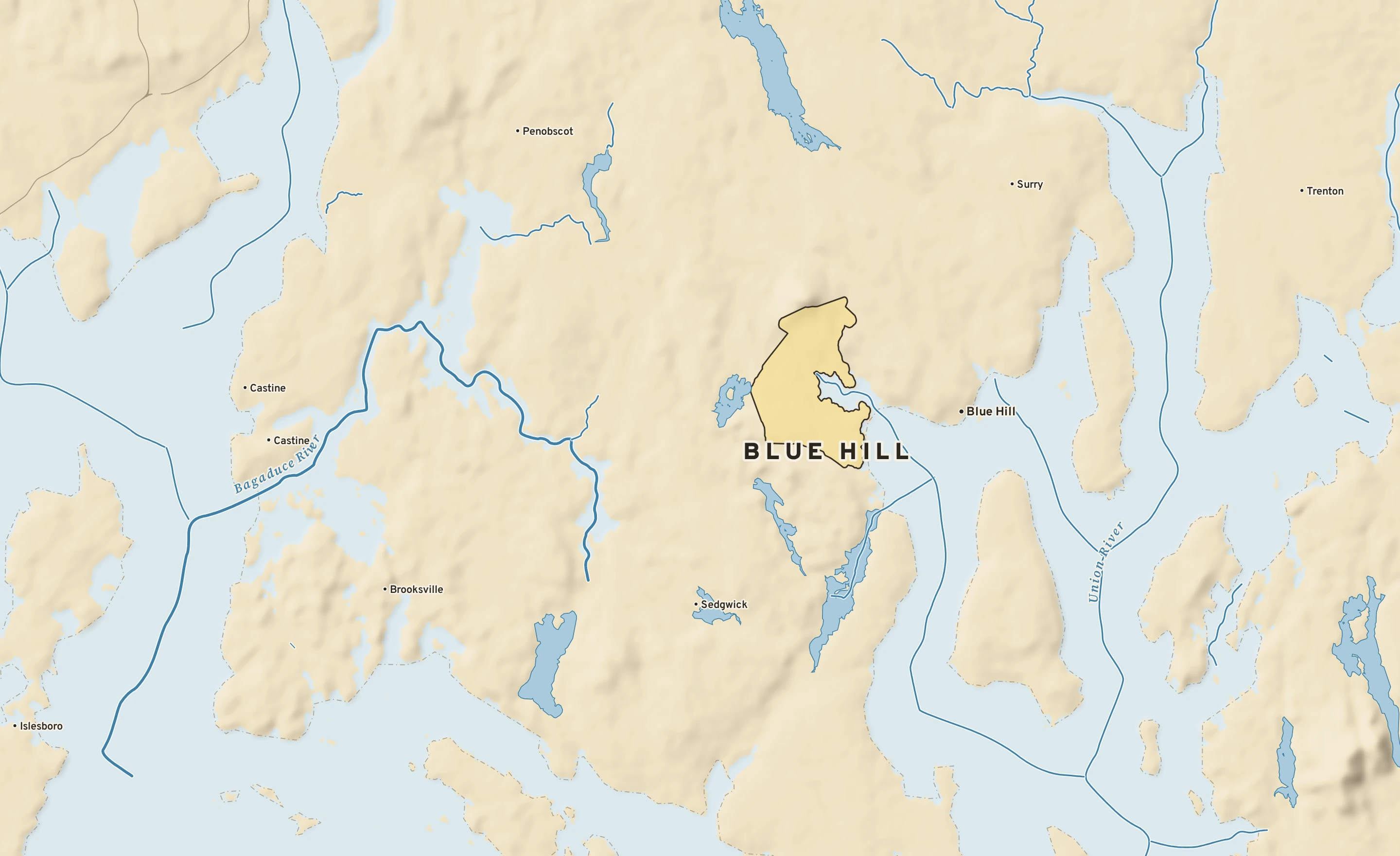 Shaded-relief atlas plate of Blue Hill, Maine: rivers, roads, the city limits and where the water drains.