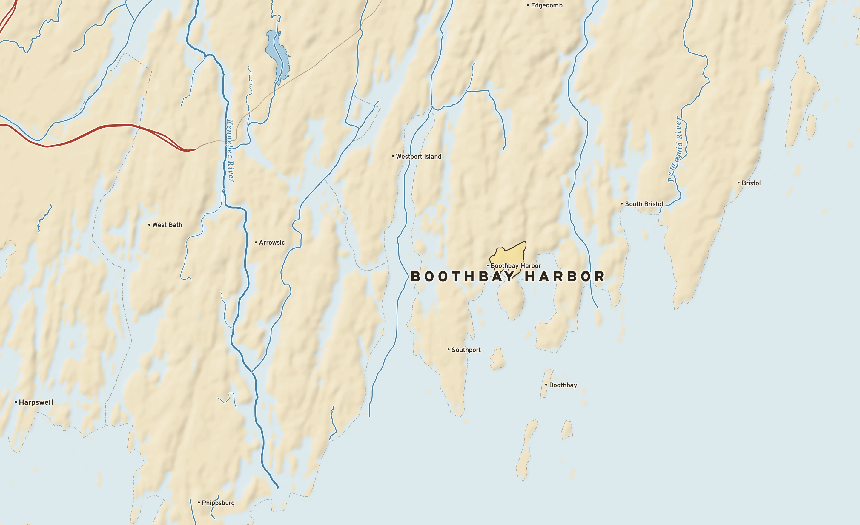 Shaded-relief atlas plate of Boothbay Harbor, Maine: rivers, roads, the city limits and where the water drains.