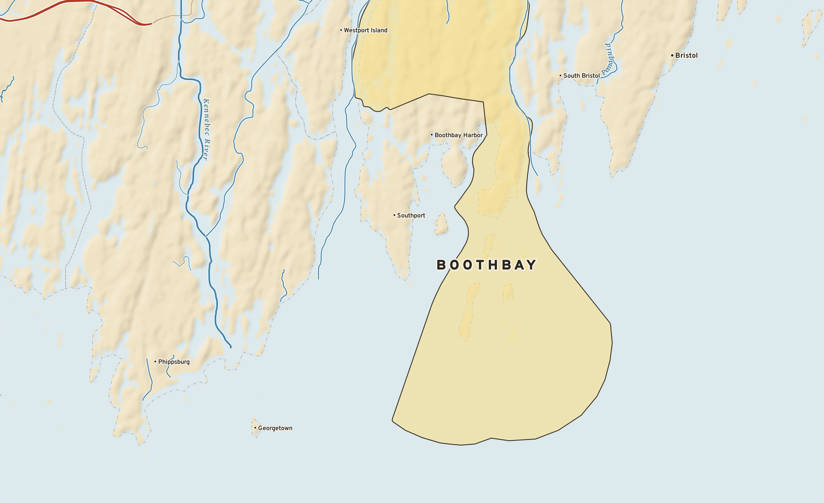 Shaded-relief atlas plate of Boothbay, Maine: rivers, roads, the city limits and where the water drains.