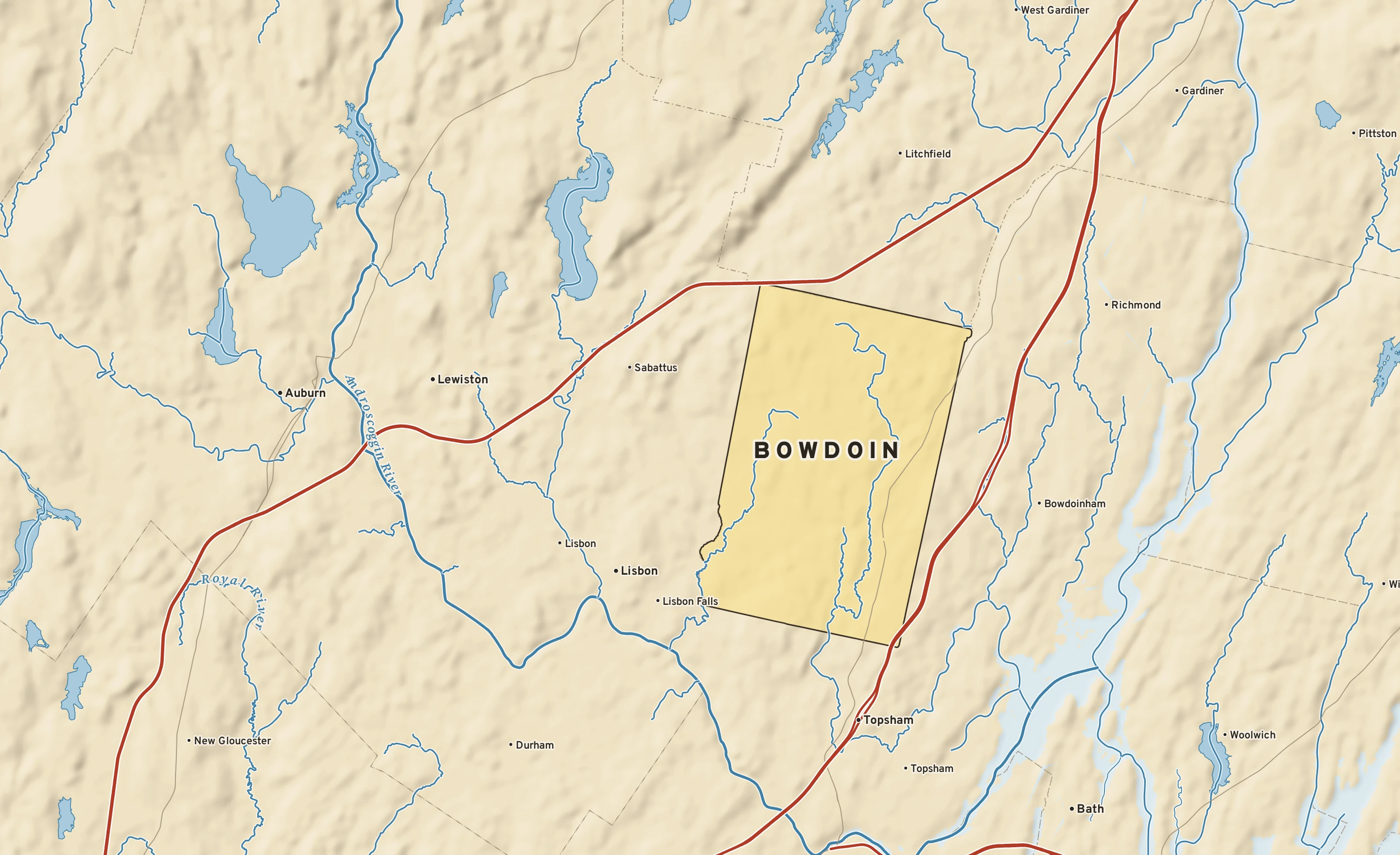 Shaded-relief atlas plate of Bowdoin, Maine: rivers, roads, the city limits and where the water drains.
