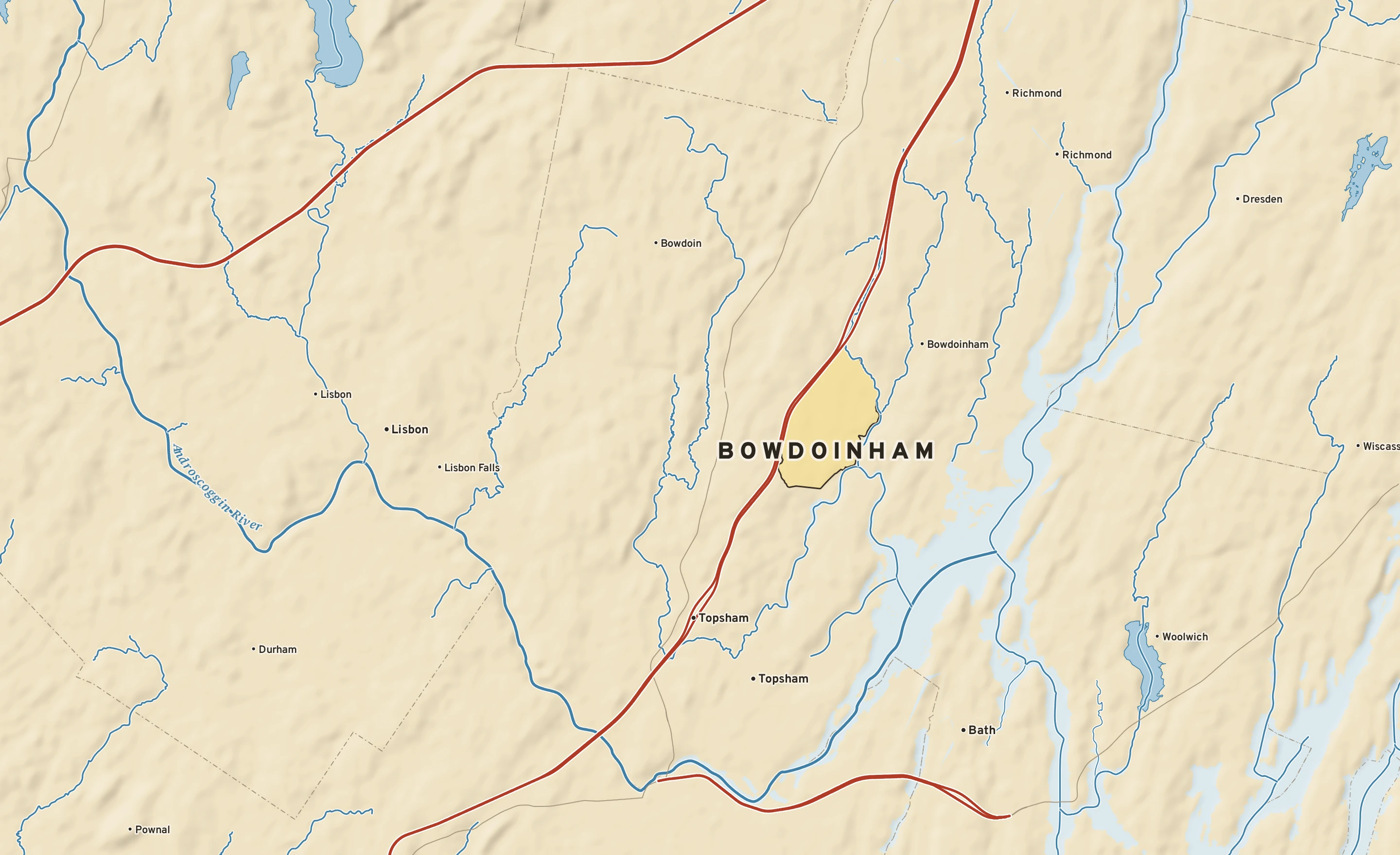 Shaded-relief atlas plate of Bowdoinham, Maine: rivers, roads, the city limits and where the water drains.