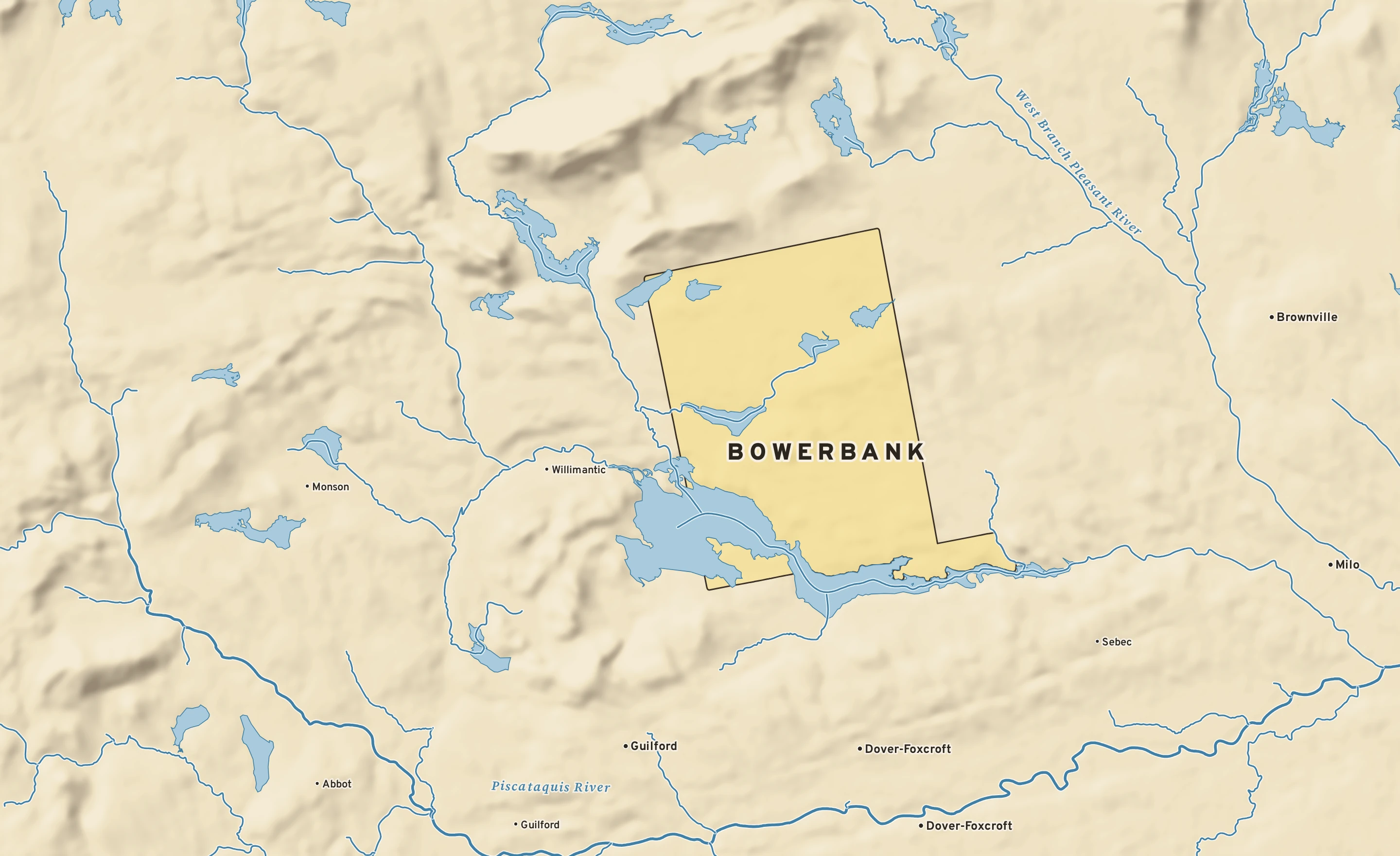Shaded-relief atlas plate of Bowerbank, Maine: rivers, roads, the city limits and where the water drains.