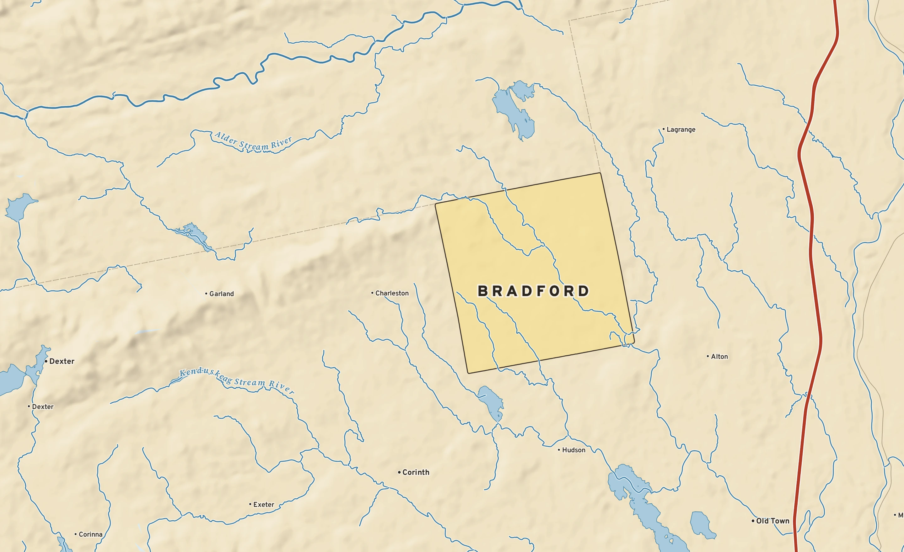 Shaded-relief atlas plate of Bradford, Maine: rivers, roads, the city limits and where the water drains.