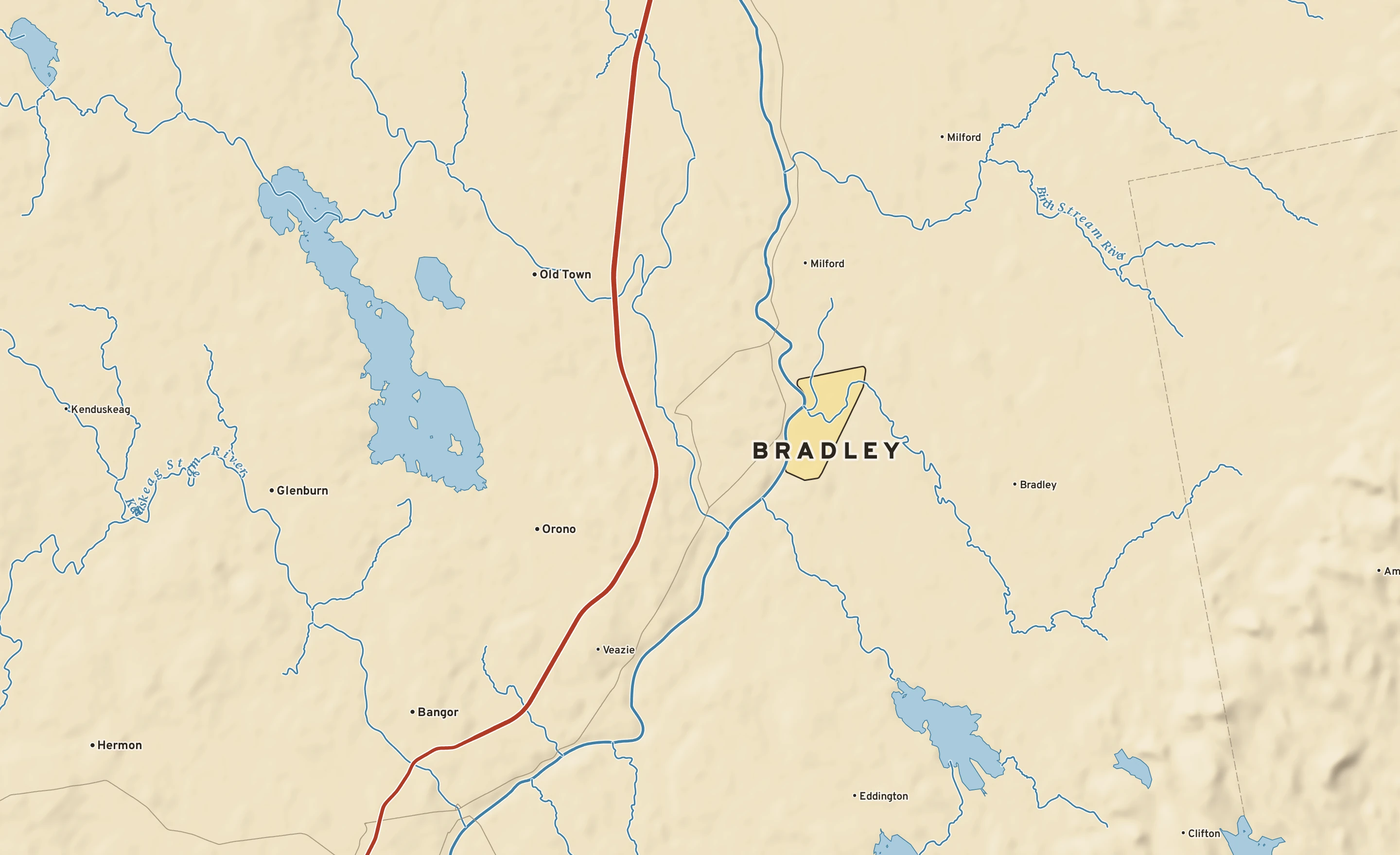 Shaded-relief atlas plate of Bradley, Maine: rivers, roads, the city limits and where the water drains.