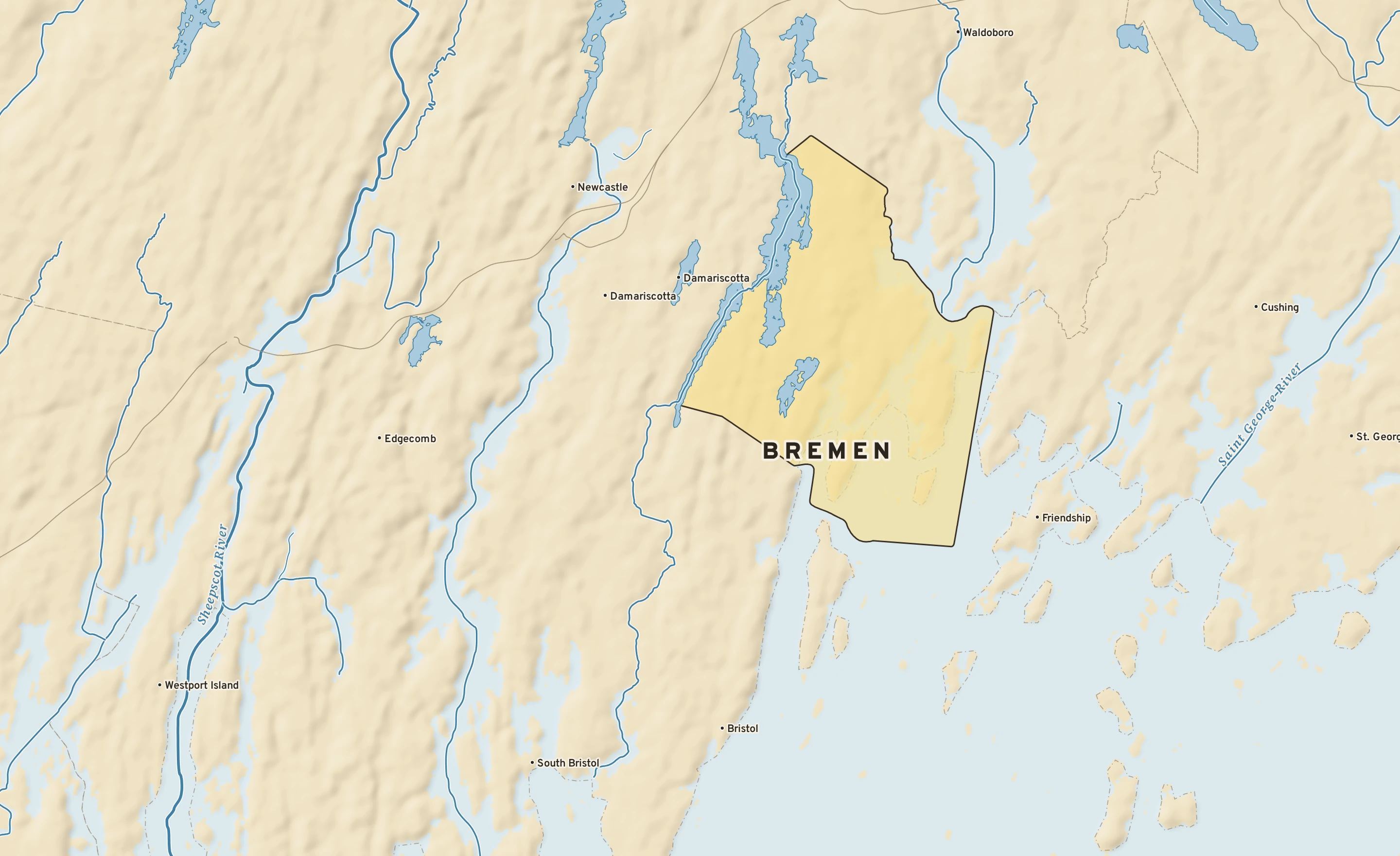 Shaded-relief atlas plate of Bremen, Maine: rivers, roads, the city limits and where the water drains.