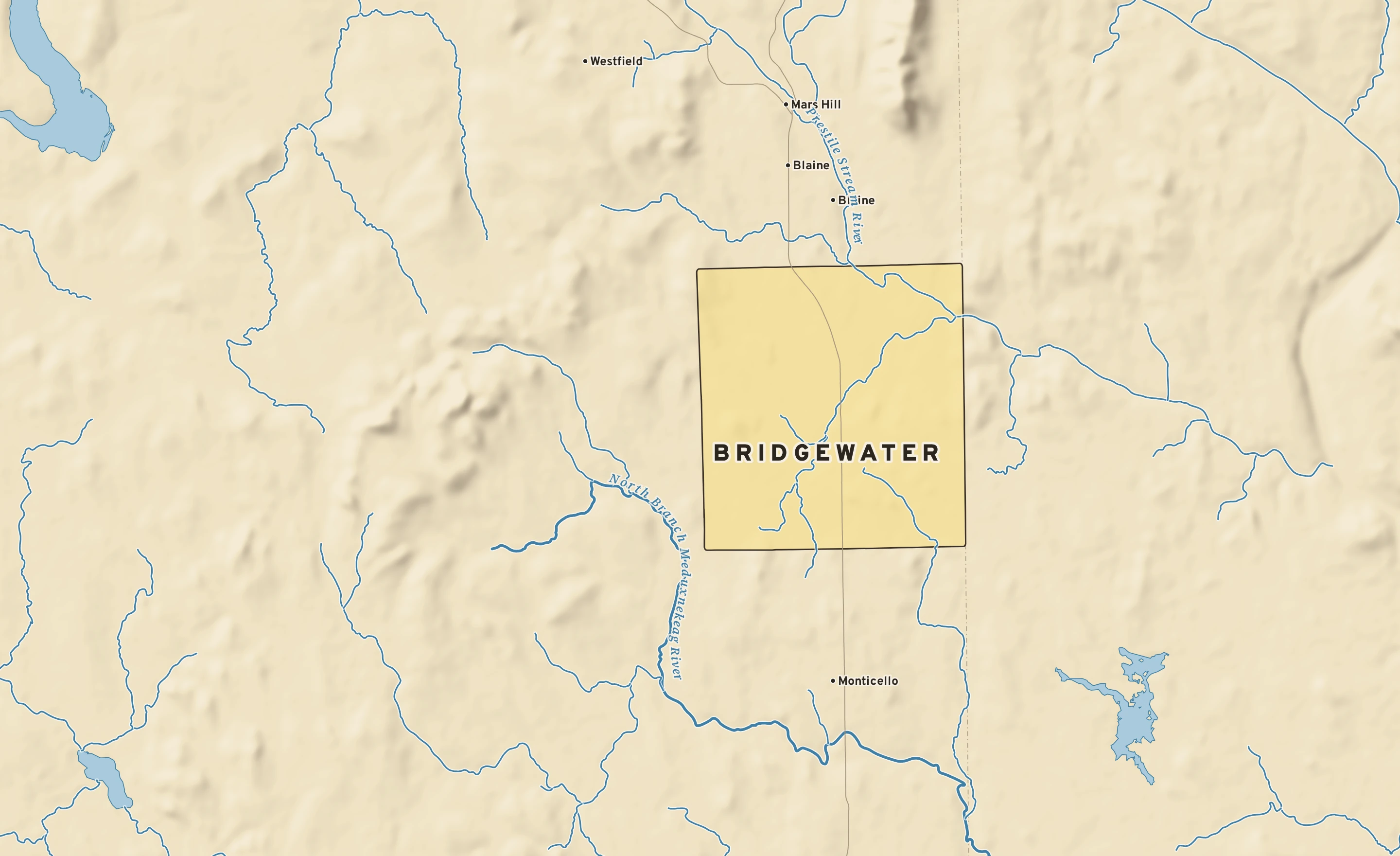 Shaded-relief atlas plate of Bridgewater, Maine: rivers, roads, the city limits and where the water drains.