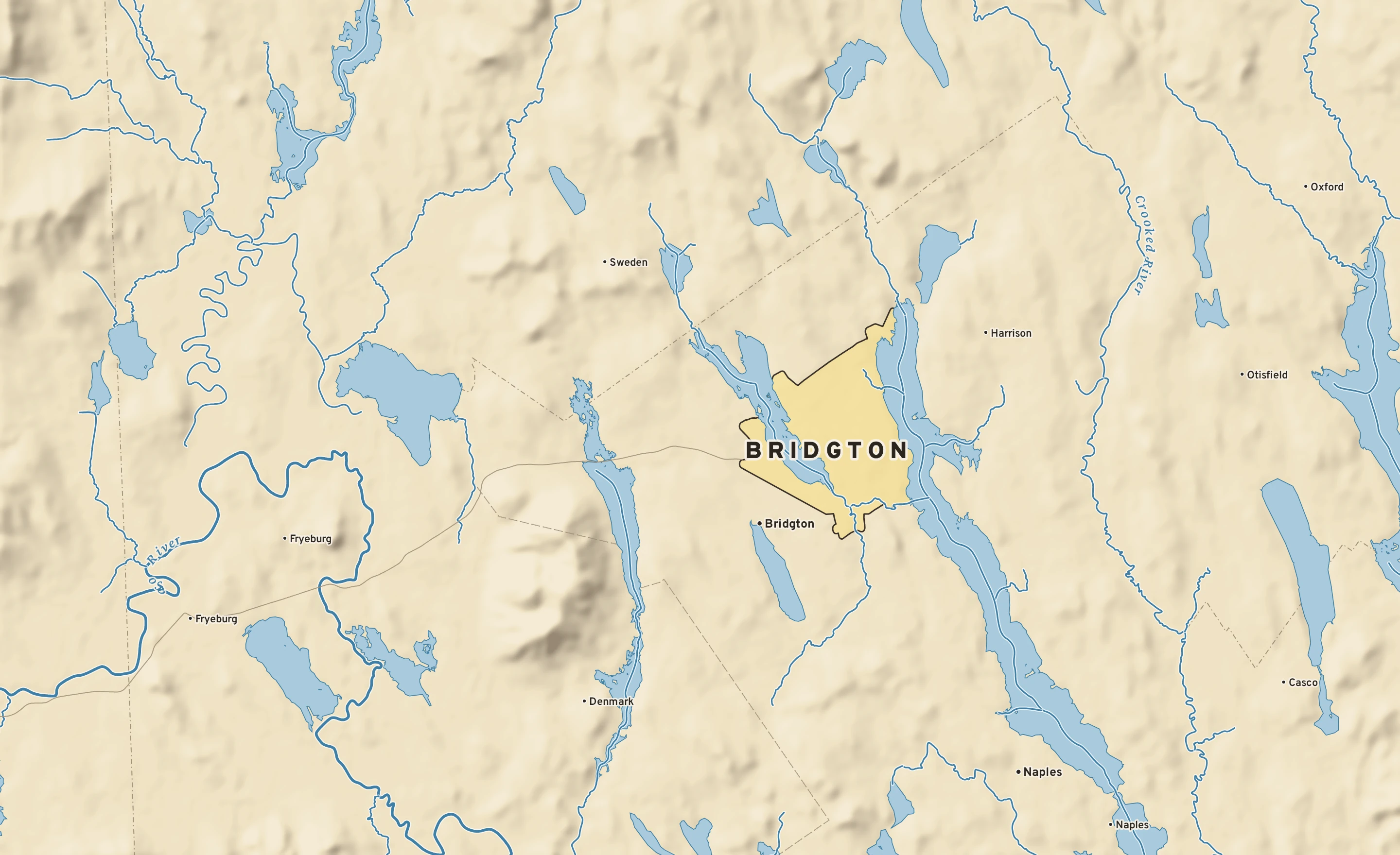 Shaded-relief atlas plate of Bridgton, Maine: rivers, roads, the city limits and where the water drains.