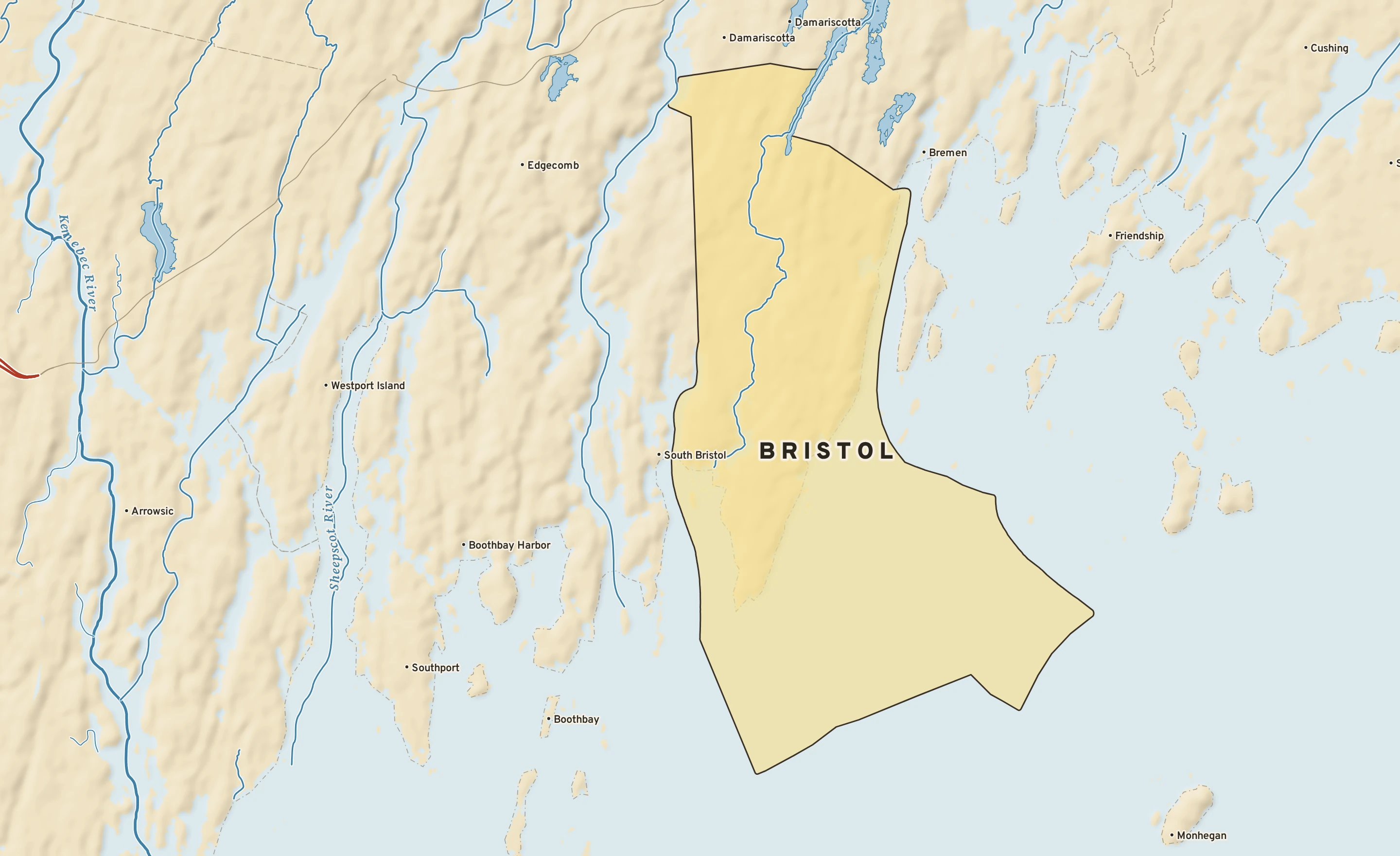 Shaded-relief atlas plate of Bristol, Maine: rivers, roads, the city limits and where the water drains.
