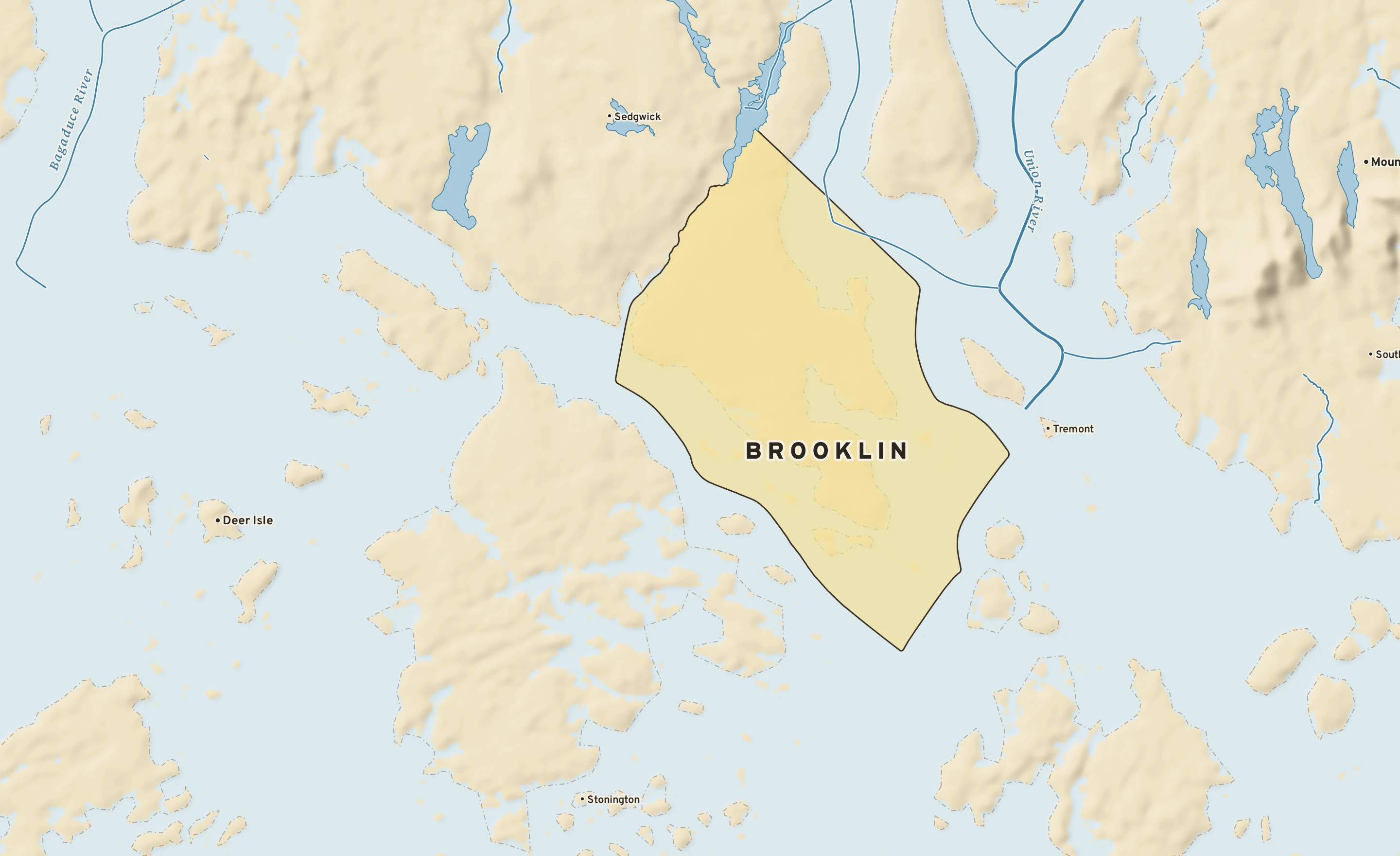 Shaded-relief atlas plate of Brooklin, Maine: rivers, roads, the city limits and where the water drains.