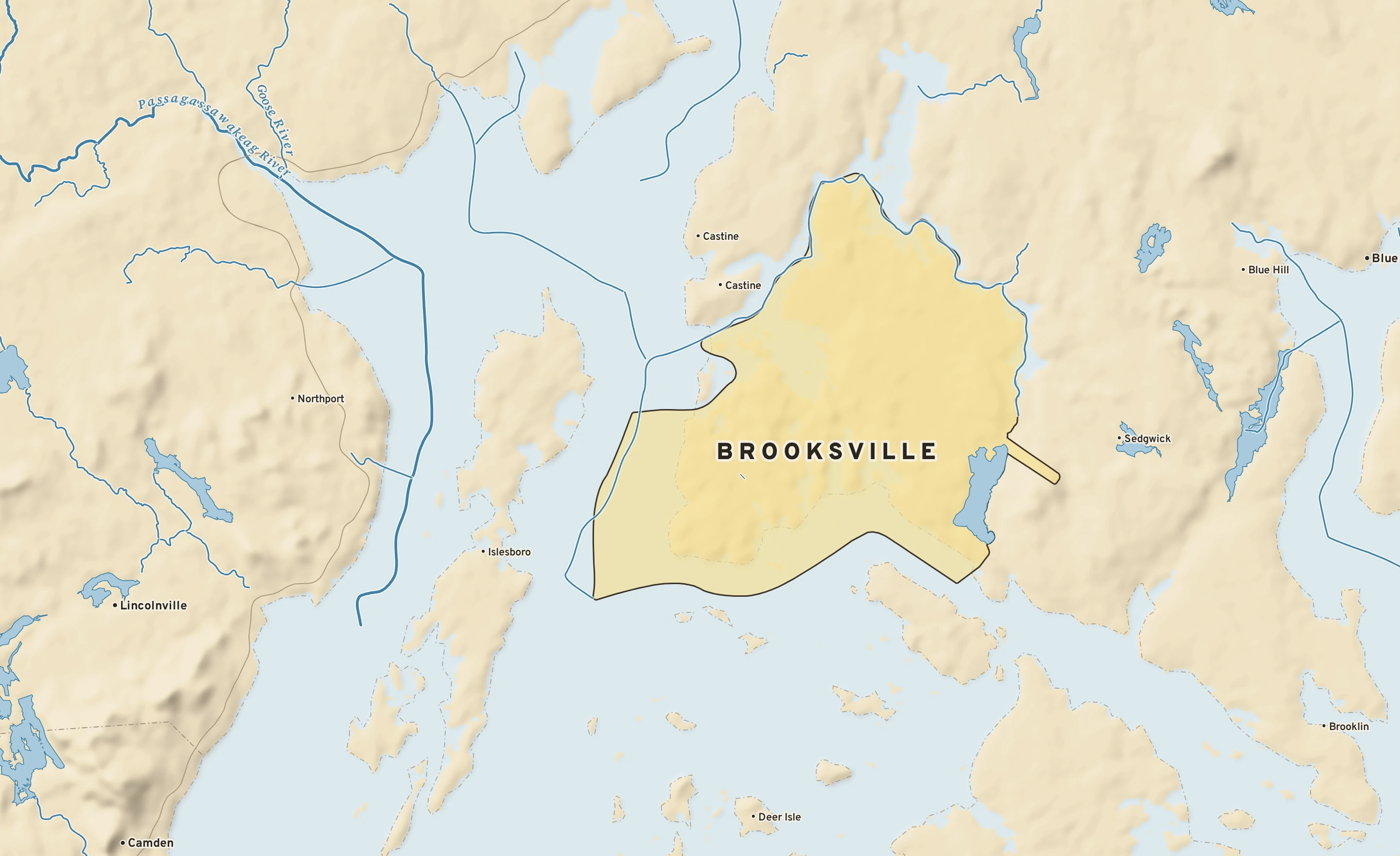 Shaded-relief atlas plate of Brooksville, Maine: rivers, roads, the city limits and where the water drains.