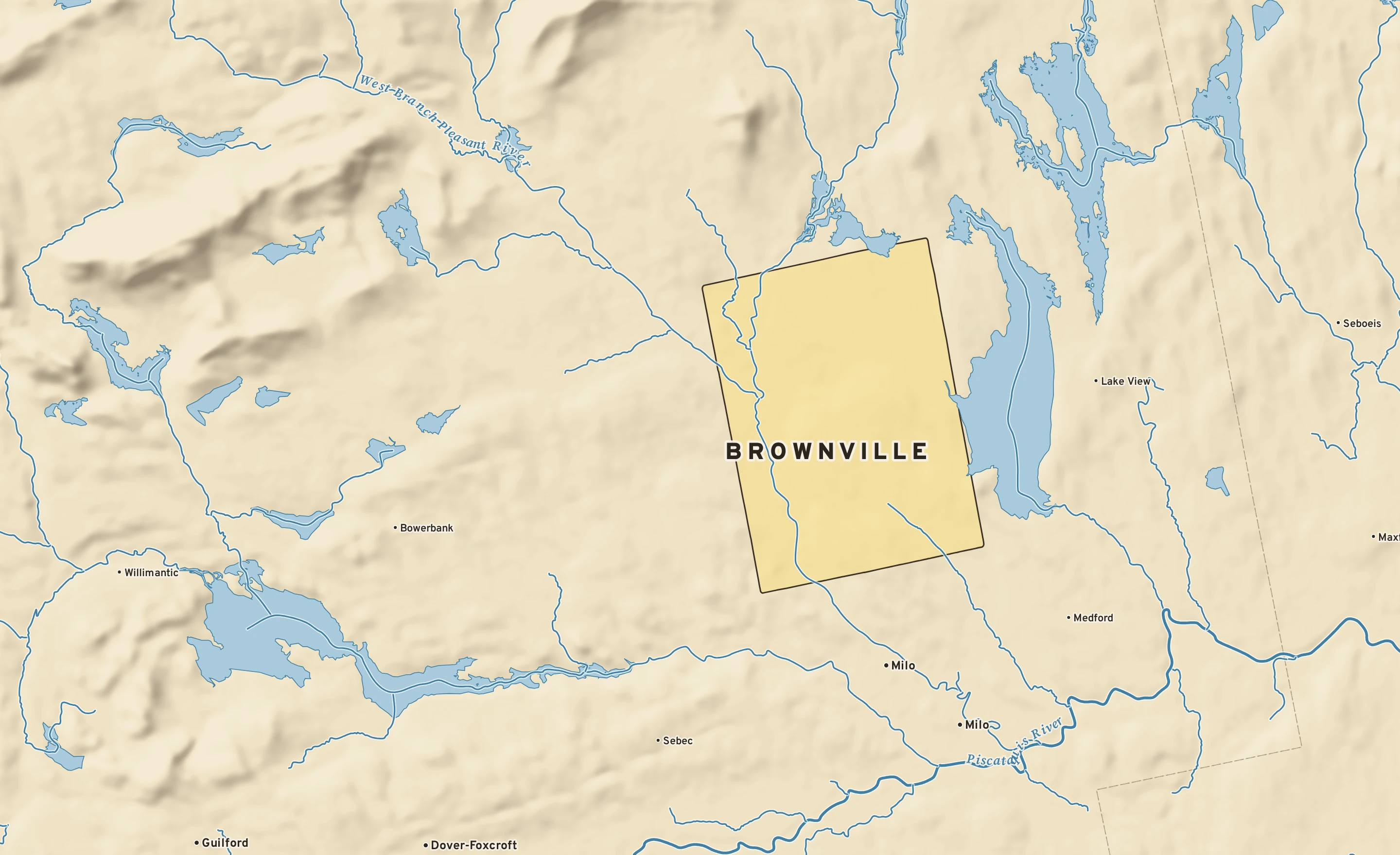 Shaded-relief atlas plate of Brownville, Maine: rivers, roads, the city limits and where the water drains.