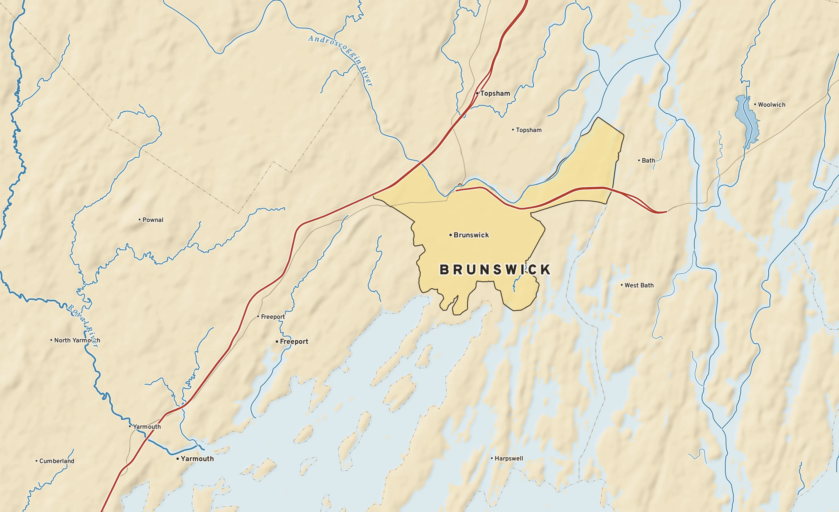 Shaded-relief atlas plate of Brunswick, Maine: rivers, roads, the city limits and where the water drains.