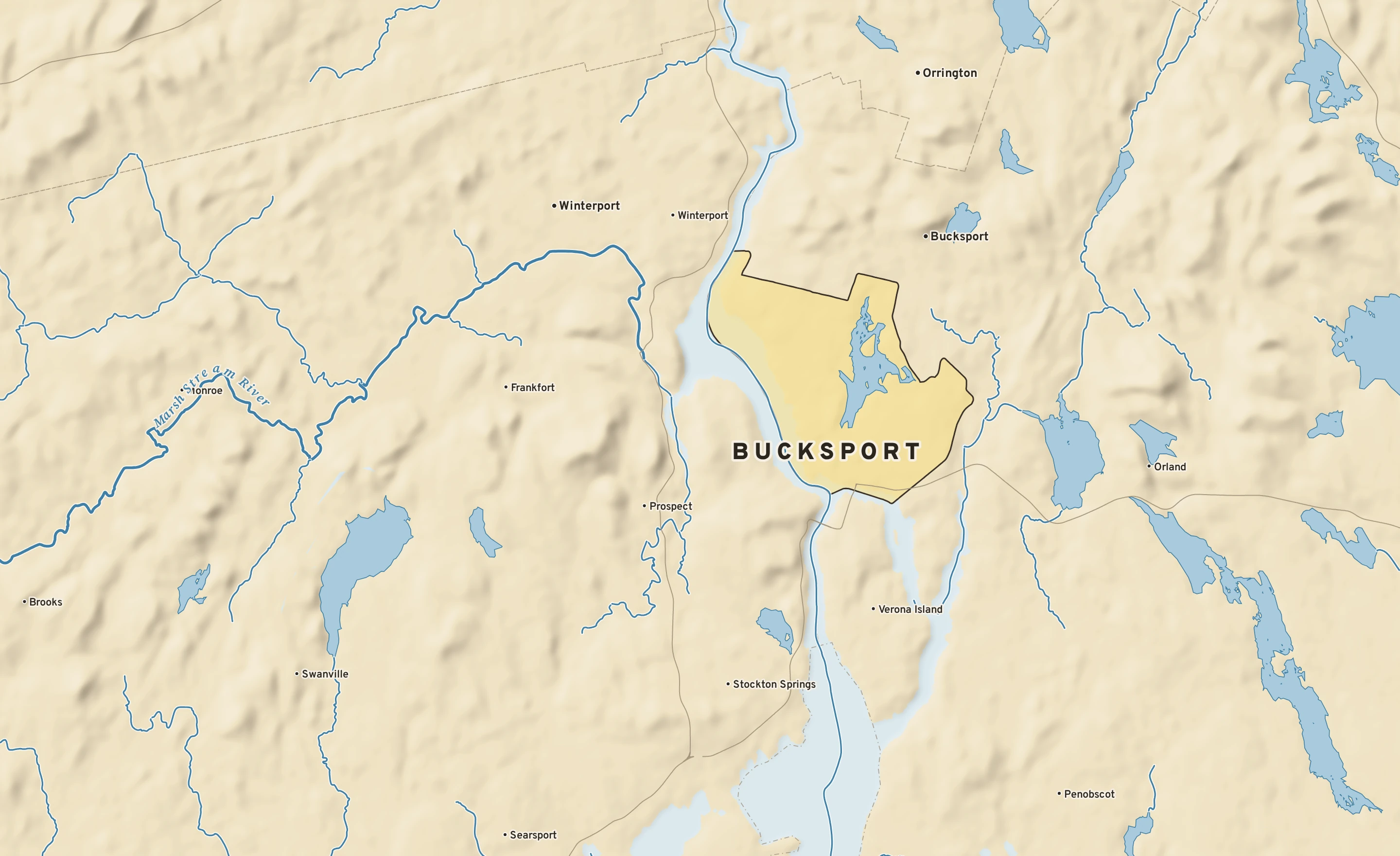 Shaded-relief atlas plate of Bucksport, Maine: rivers, roads, the city limits and where the water drains.