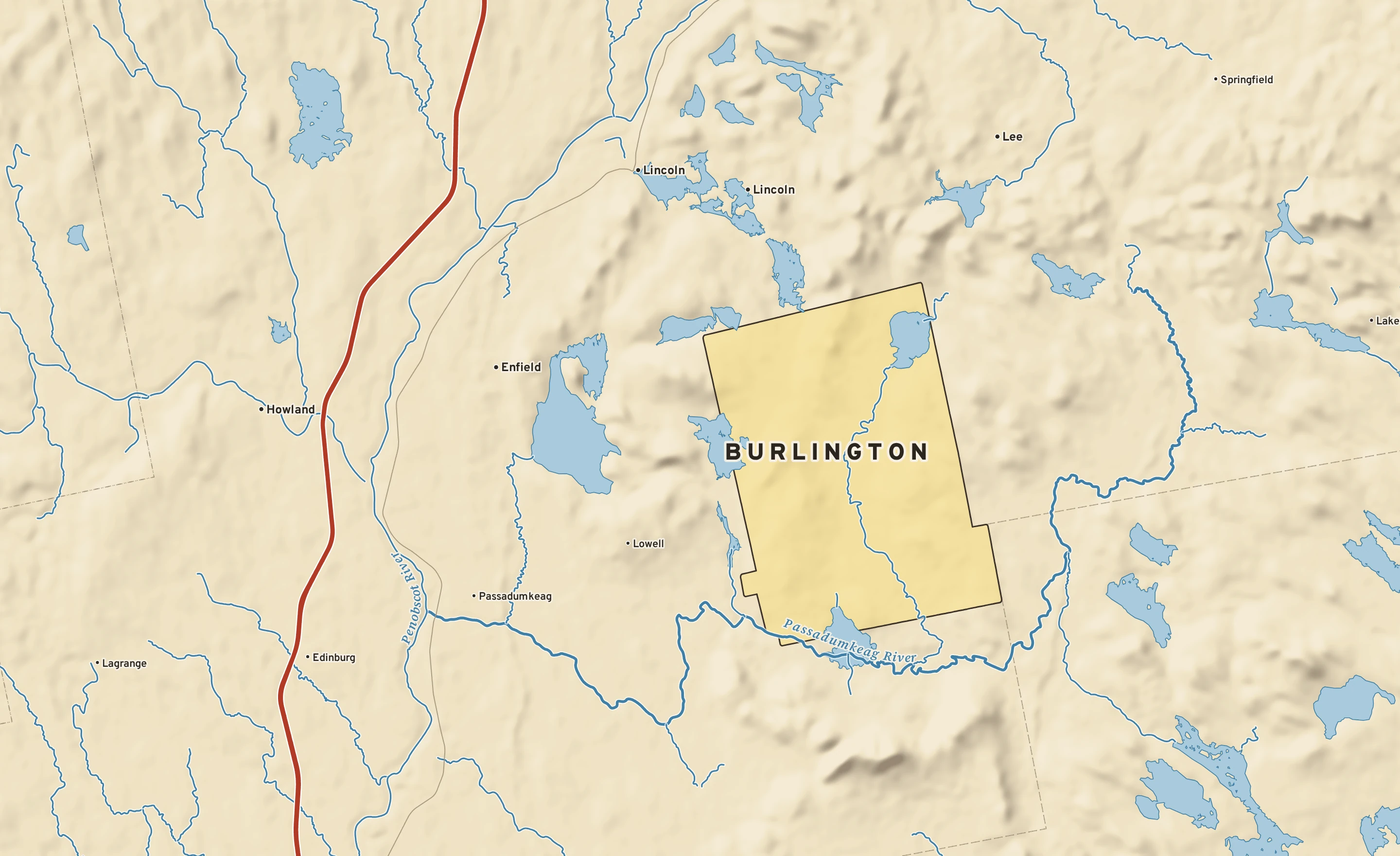 Shaded-relief atlas plate of Burlington, Maine: rivers, roads, the city limits and where the water drains.