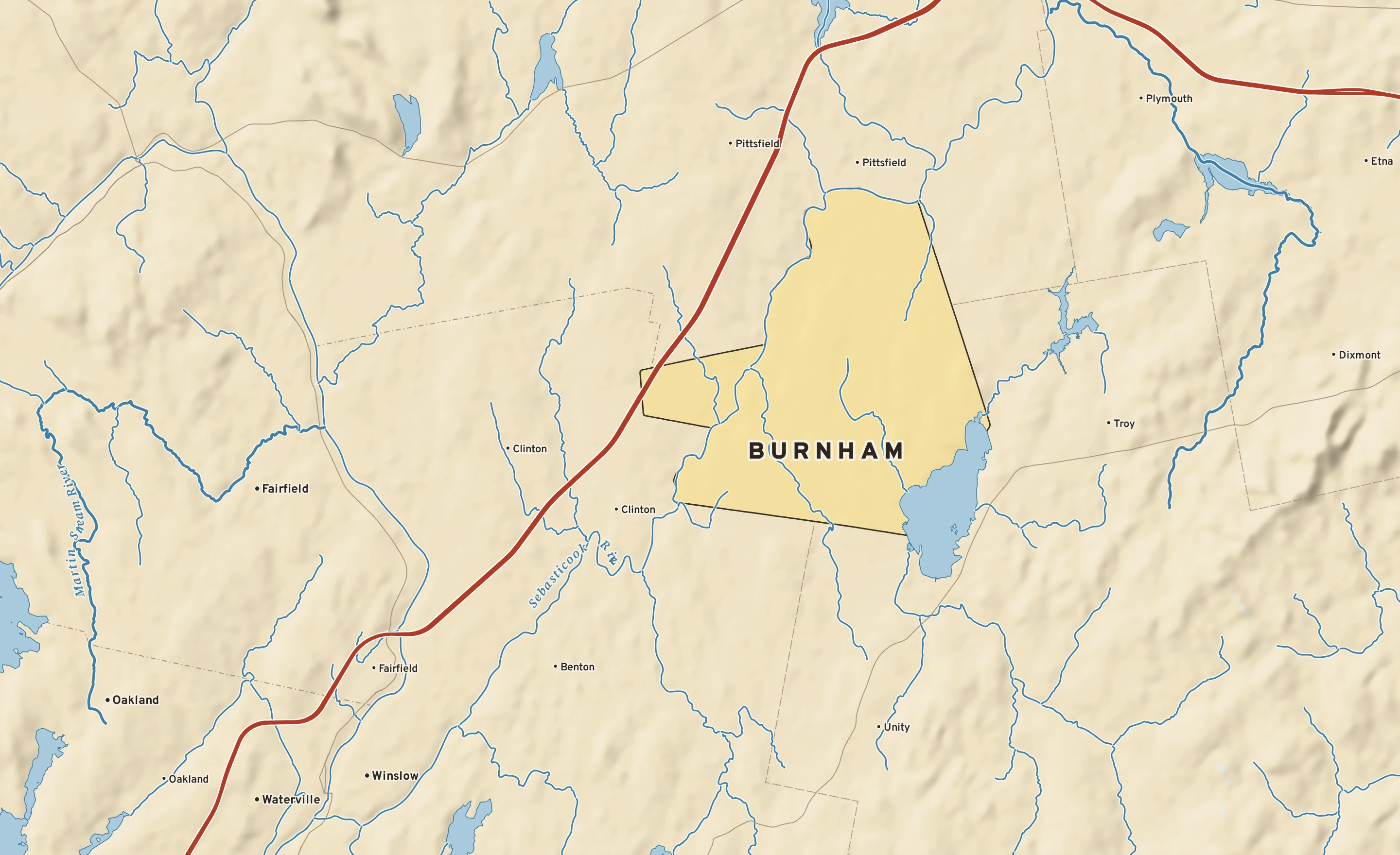 Shaded-relief atlas plate of Burnham, Maine: rivers, roads, the city limits and where the water drains.