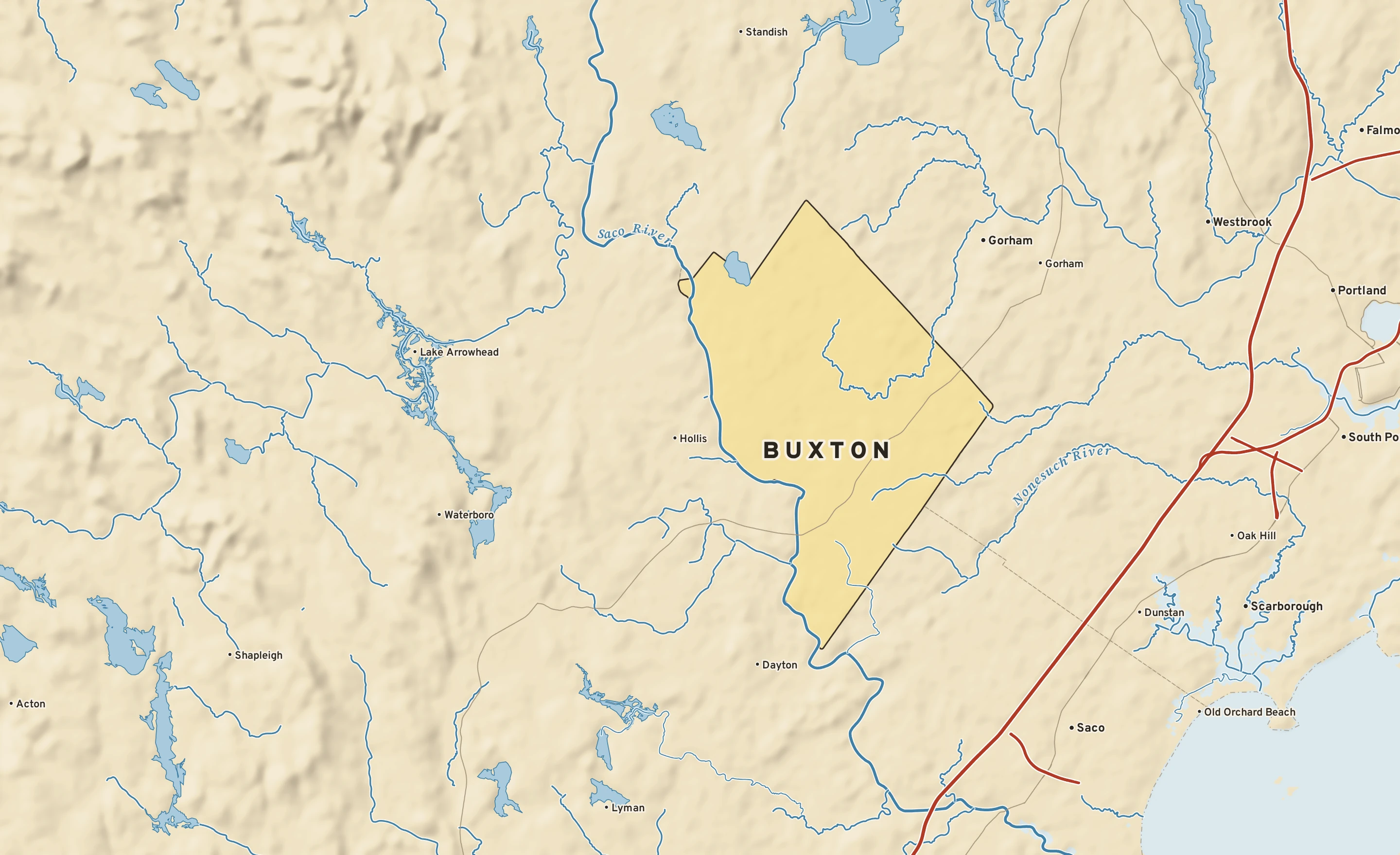 Shaded-relief atlas plate of Buxton, Maine: rivers, roads, the city limits and where the water drains.