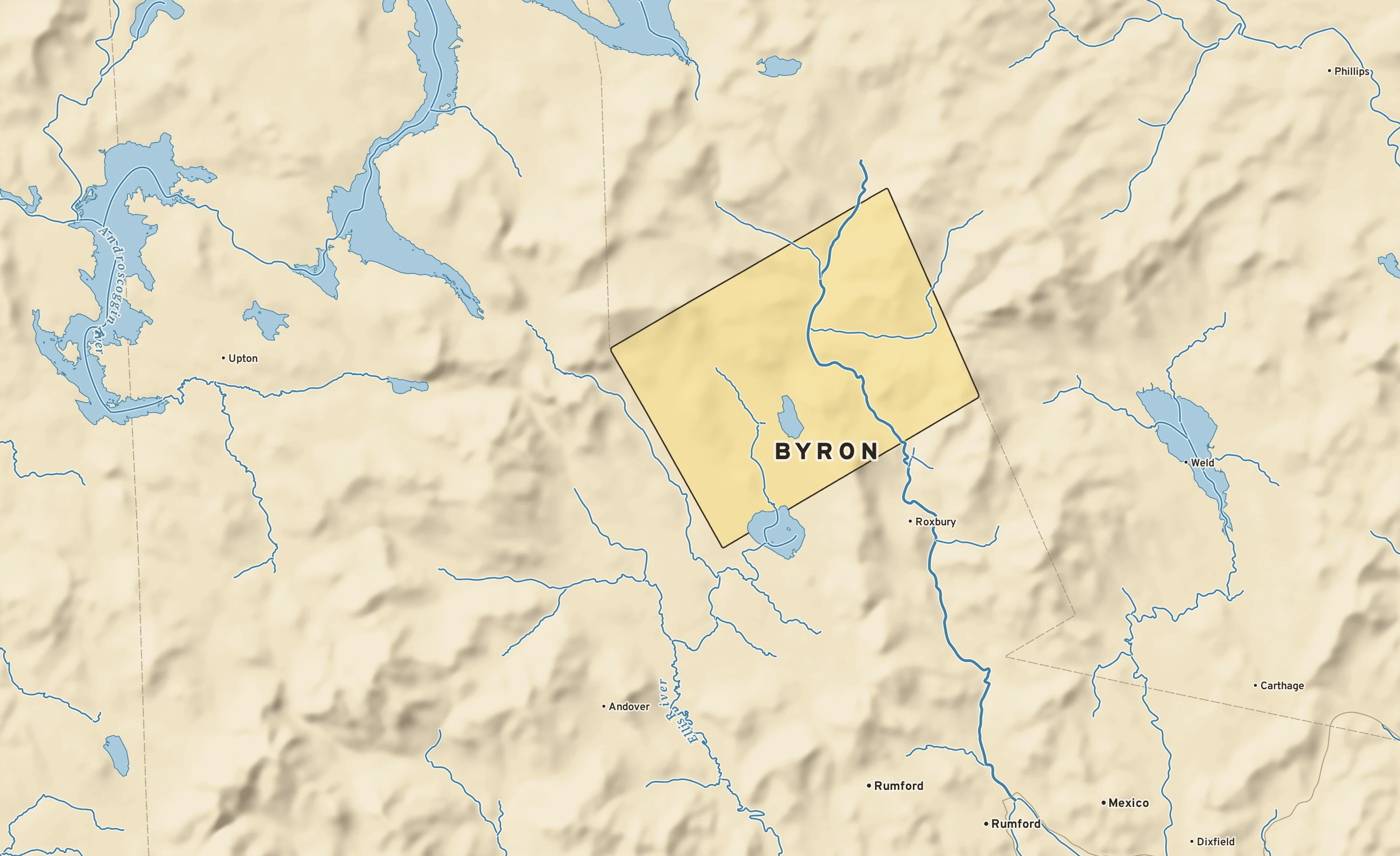 Shaded-relief atlas plate of Byron, Maine: rivers, roads, the city limits and where the water drains.