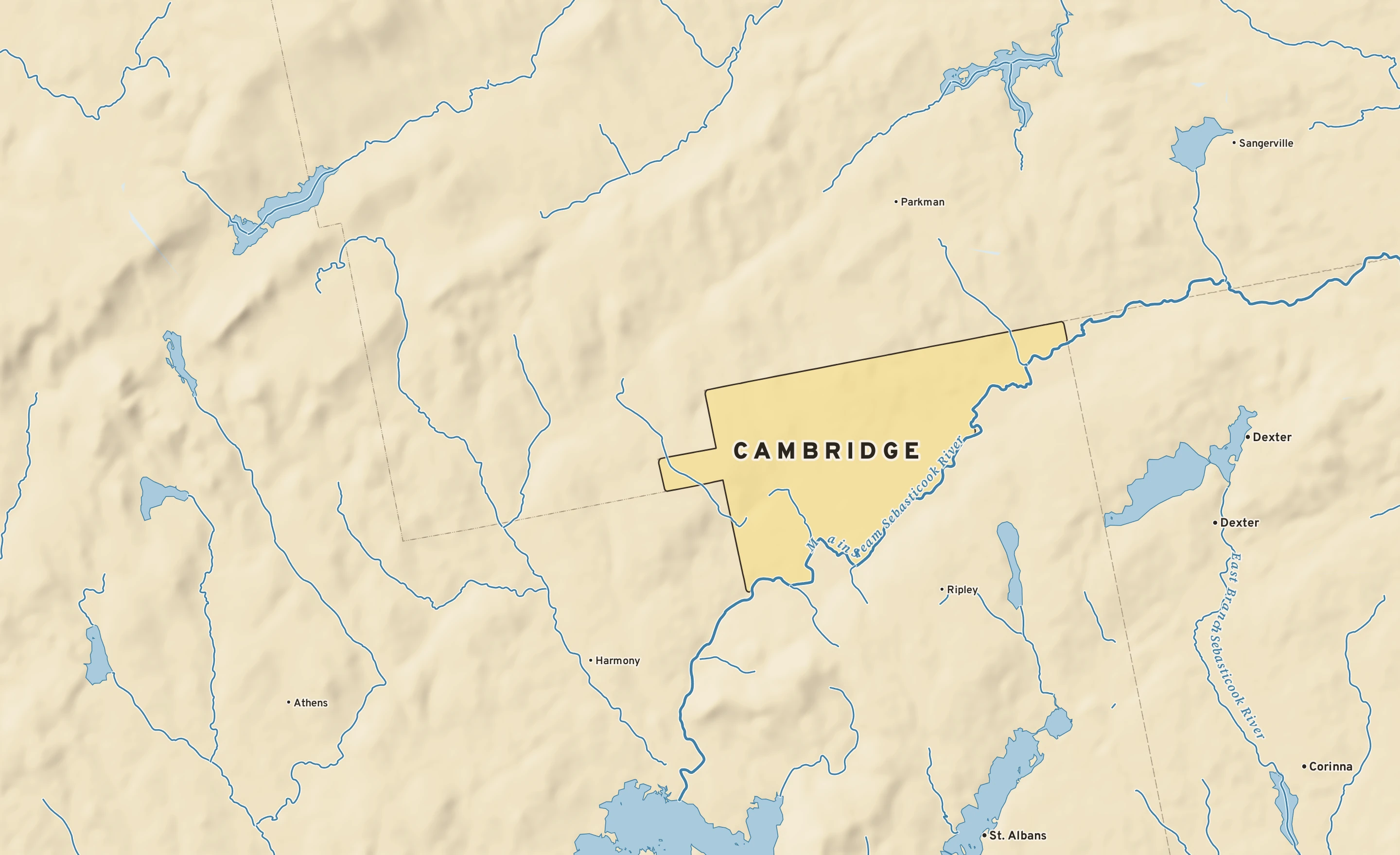 Shaded-relief atlas plate of Cambridge, Maine: rivers, roads, the city limits and where the water drains.