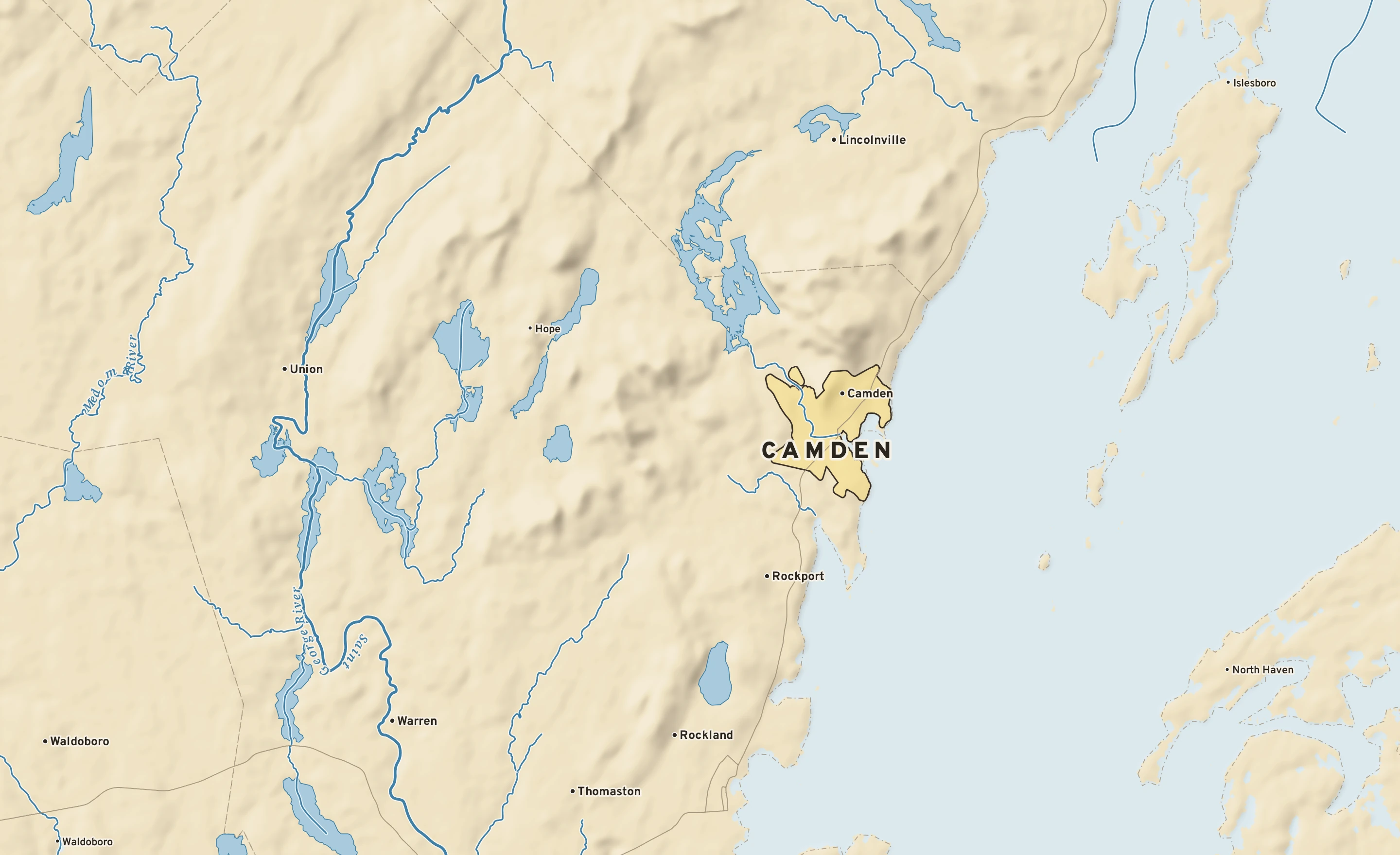 Shaded-relief atlas plate of Camden, Maine: rivers, roads, the city limits and where the water drains.