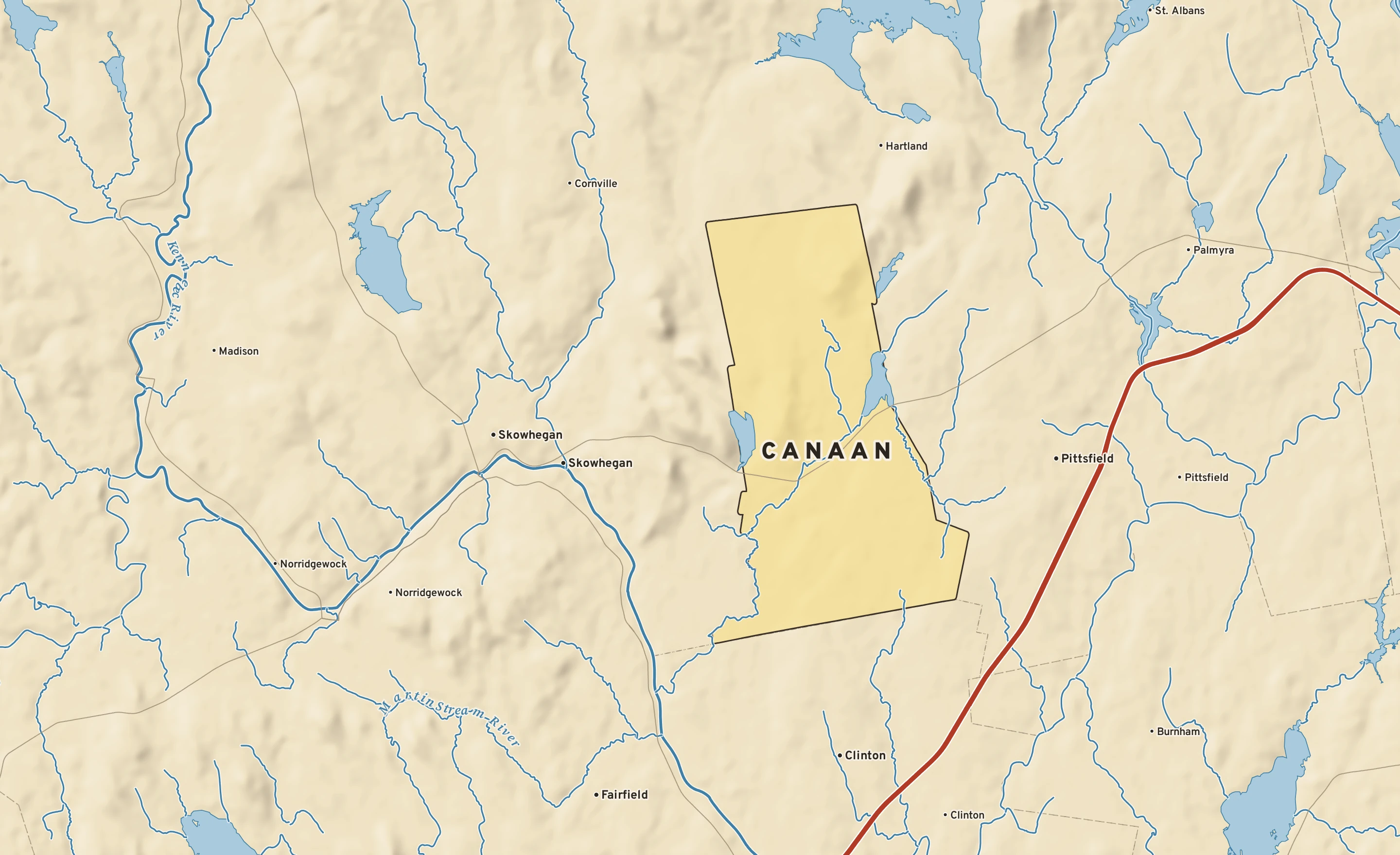 Shaded-relief atlas plate of Canaan, Maine: rivers, roads, the city limits and where the water drains.