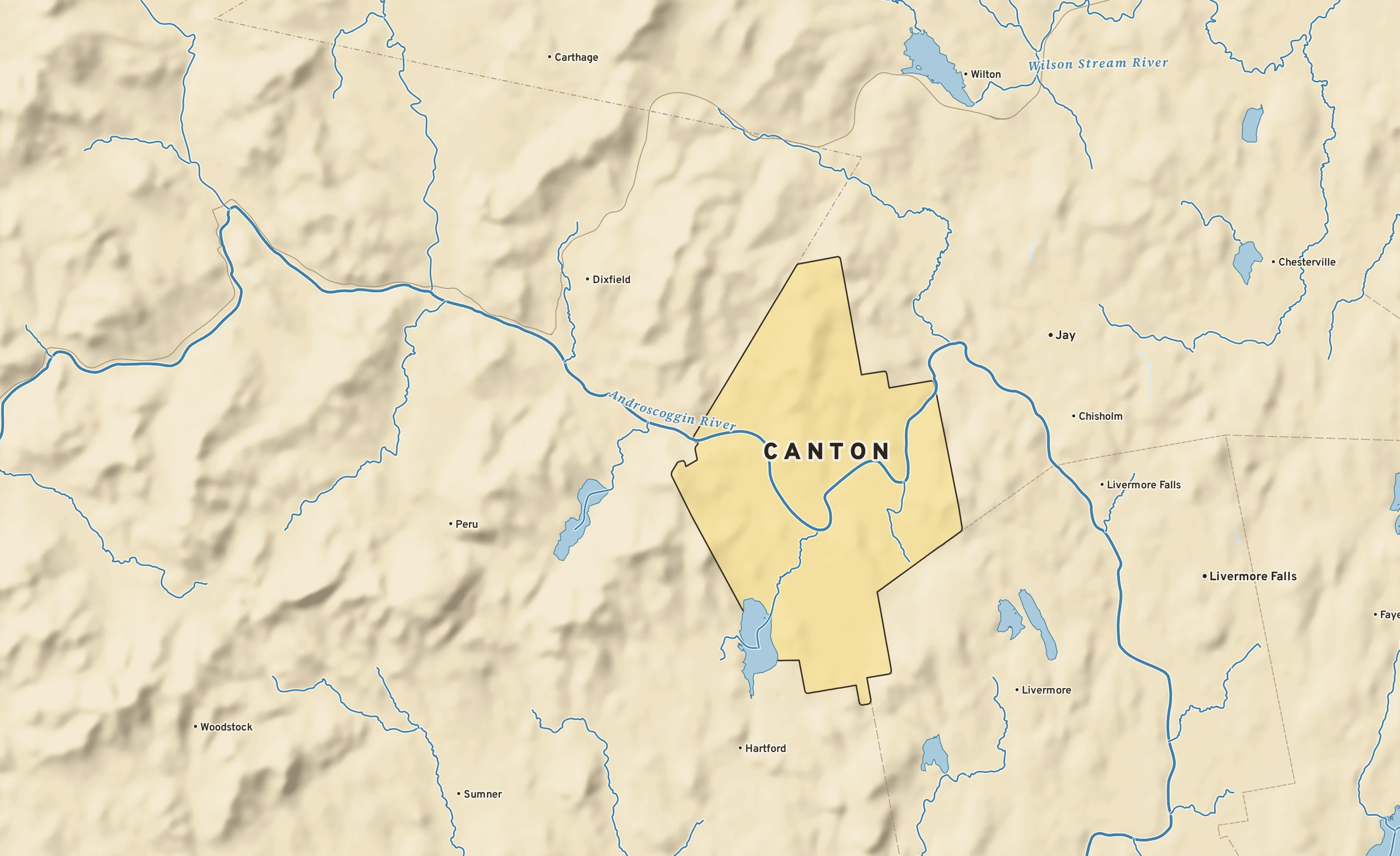 Shaded-relief atlas plate of Canton, Maine: rivers, roads, the city limits and where the water drains.