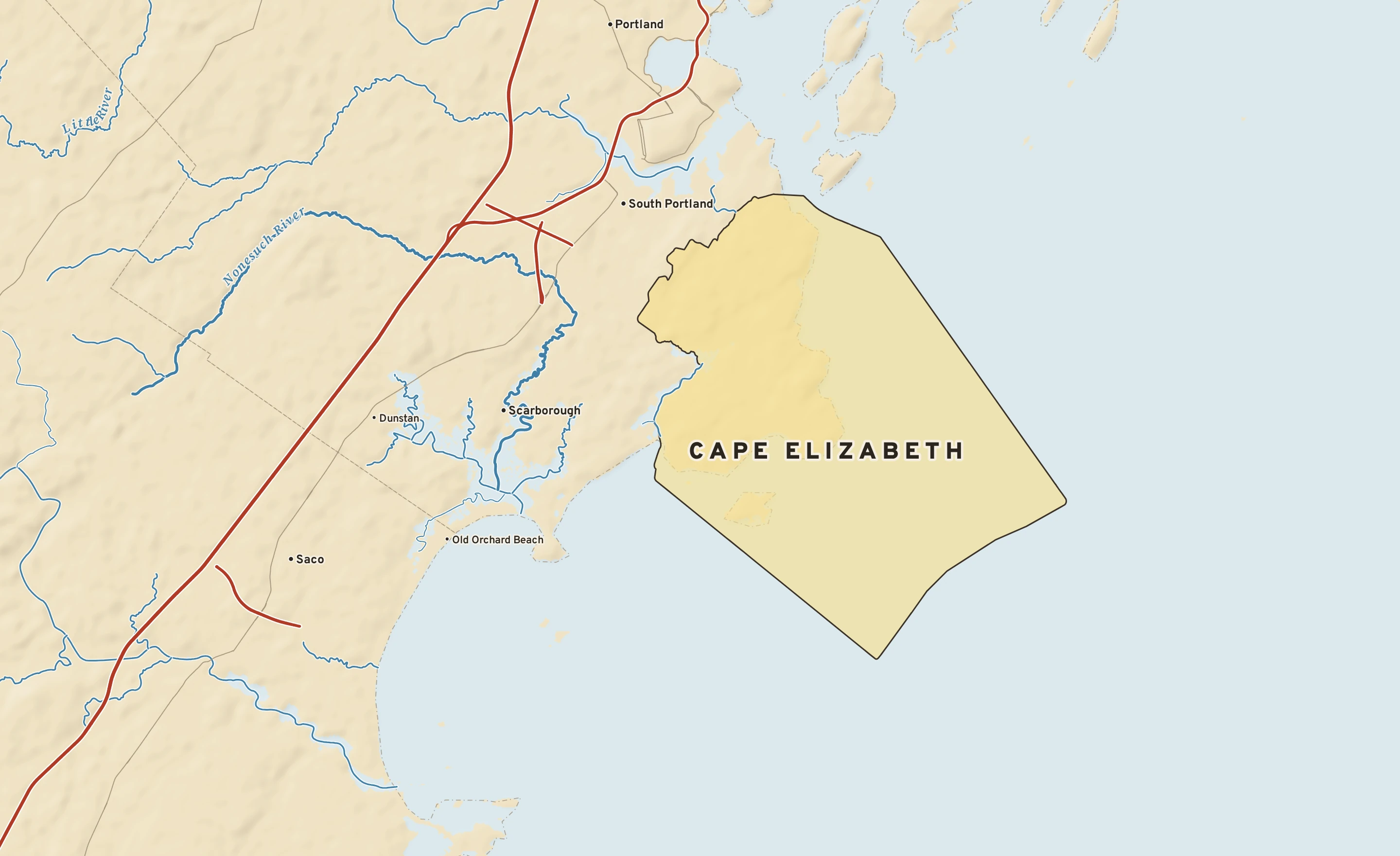 Shaded-relief atlas plate of Cape Elizabeth, Maine: rivers, roads, the city limits and where the water drains.