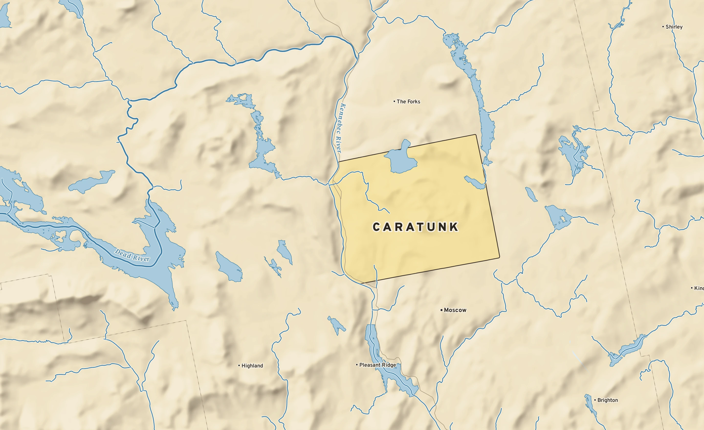 Shaded-relief atlas plate of Caratunk, Maine: rivers, roads, the city limits and where the water drains.