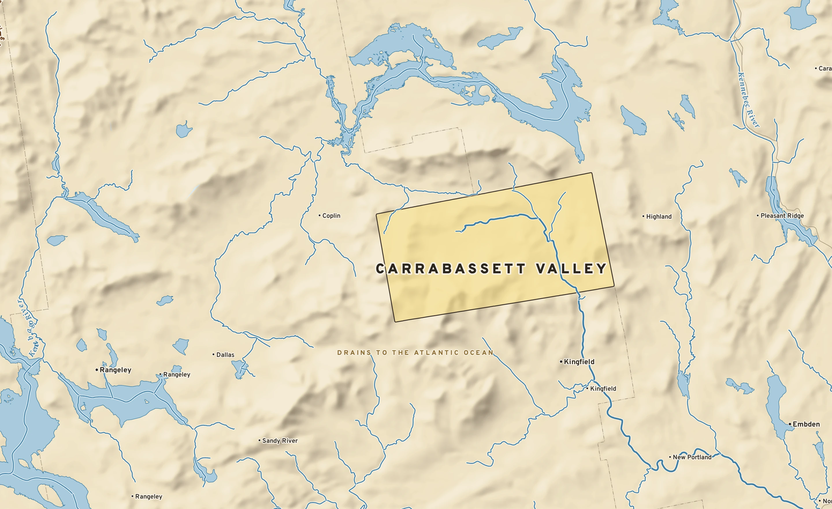 Shaded-relief atlas plate of Carrabassett Valley, Maine: rivers, roads, the city limits and where the water drains.