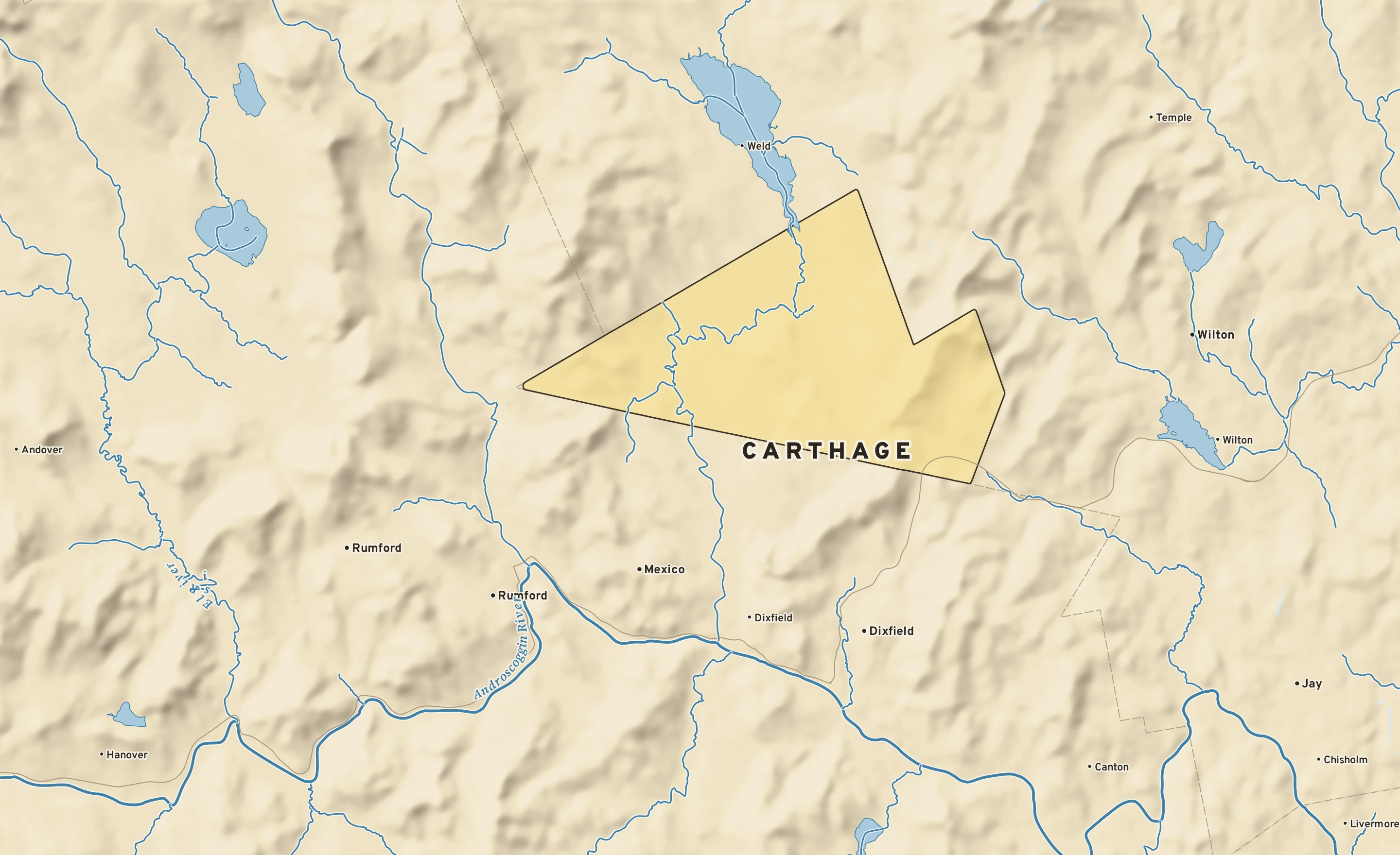 Shaded-relief atlas plate of Carthage, Maine: rivers, roads, the city limits and where the water drains.