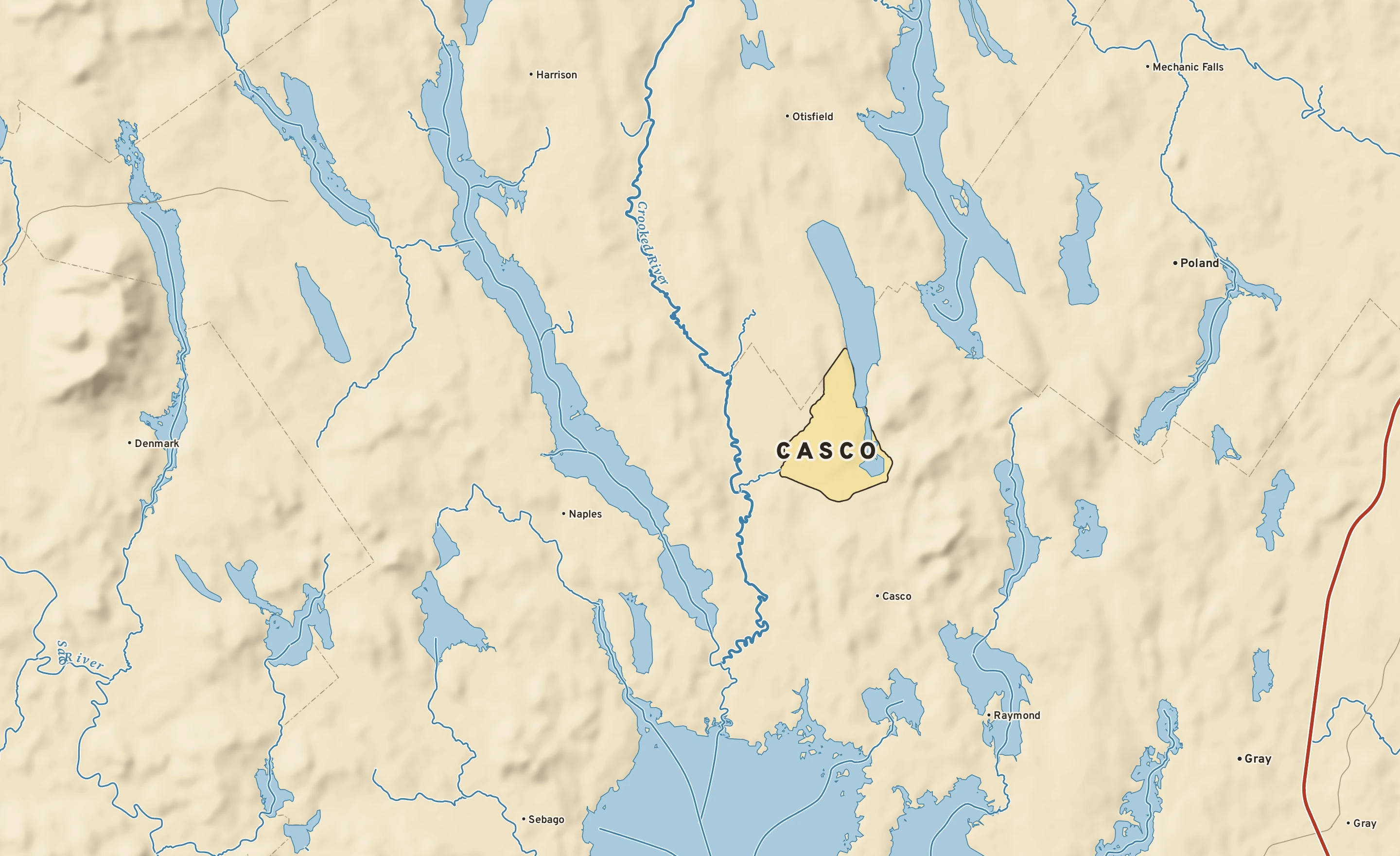 Shaded-relief atlas plate of Casco, Maine: rivers, roads, the city limits and where the water drains.