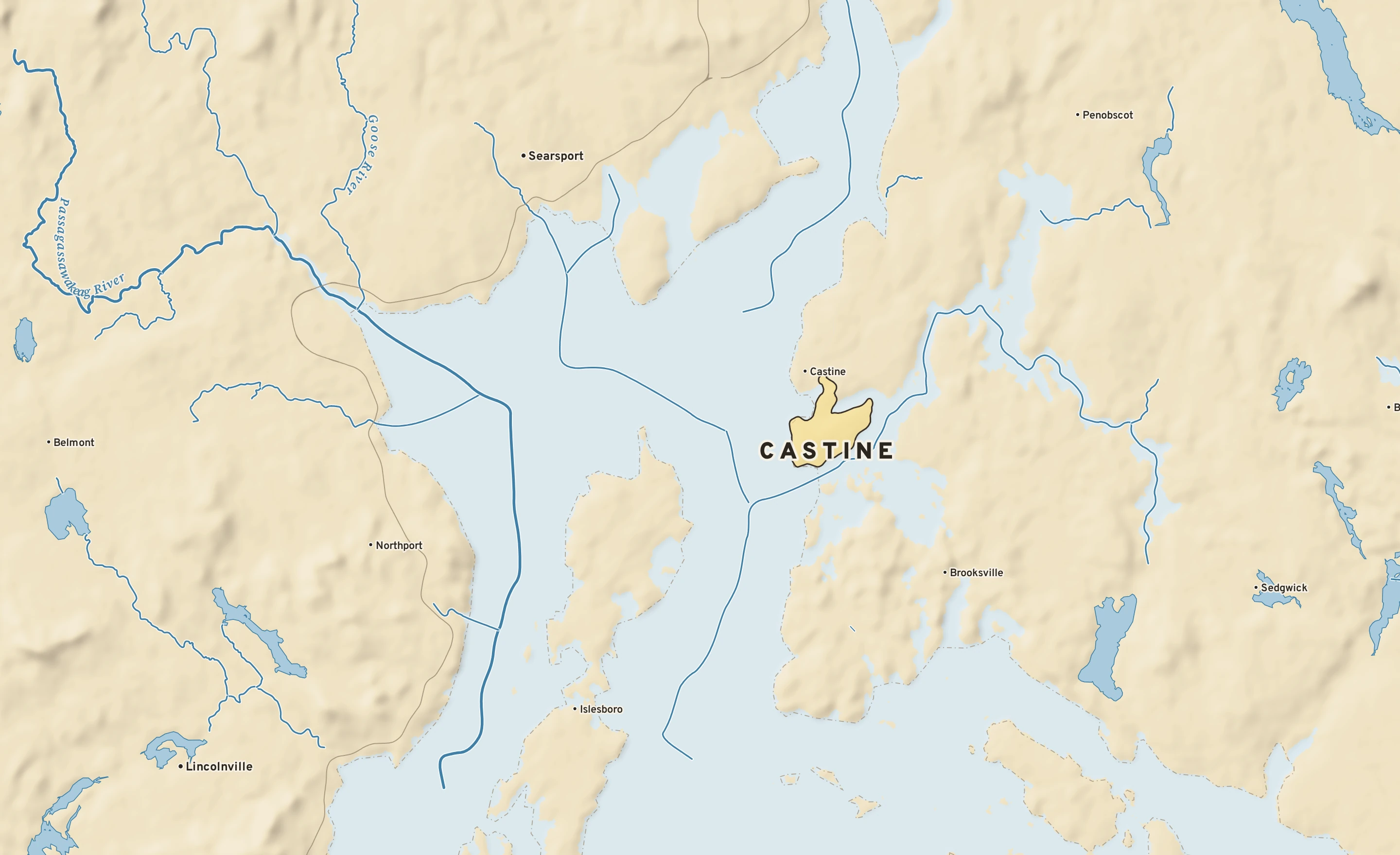 Shaded-relief atlas plate of Castine, Maine: rivers, roads, the city limits and where the water drains.