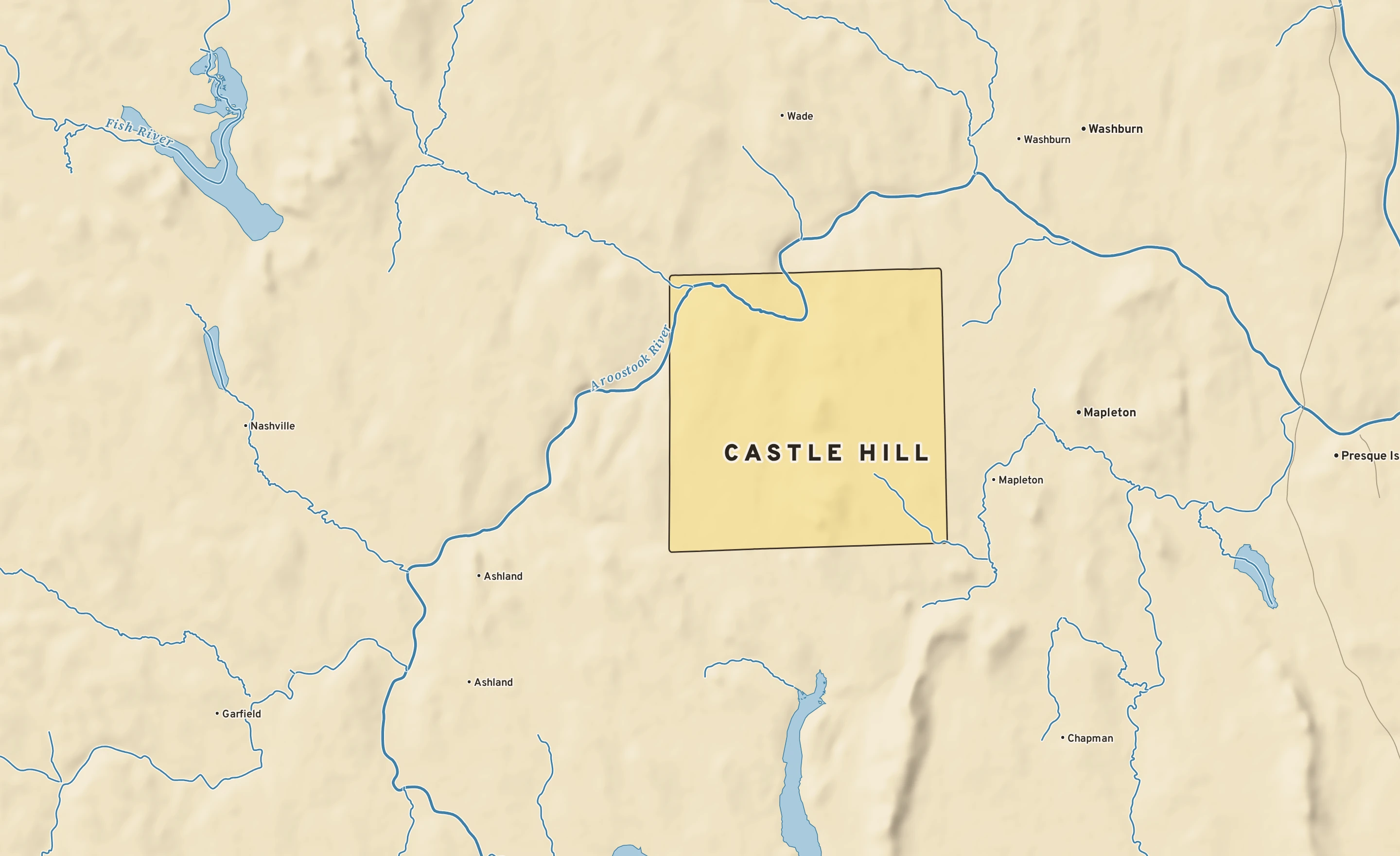 Shaded-relief atlas plate of Castle Hill, Maine: rivers, roads, the city limits and where the water drains.