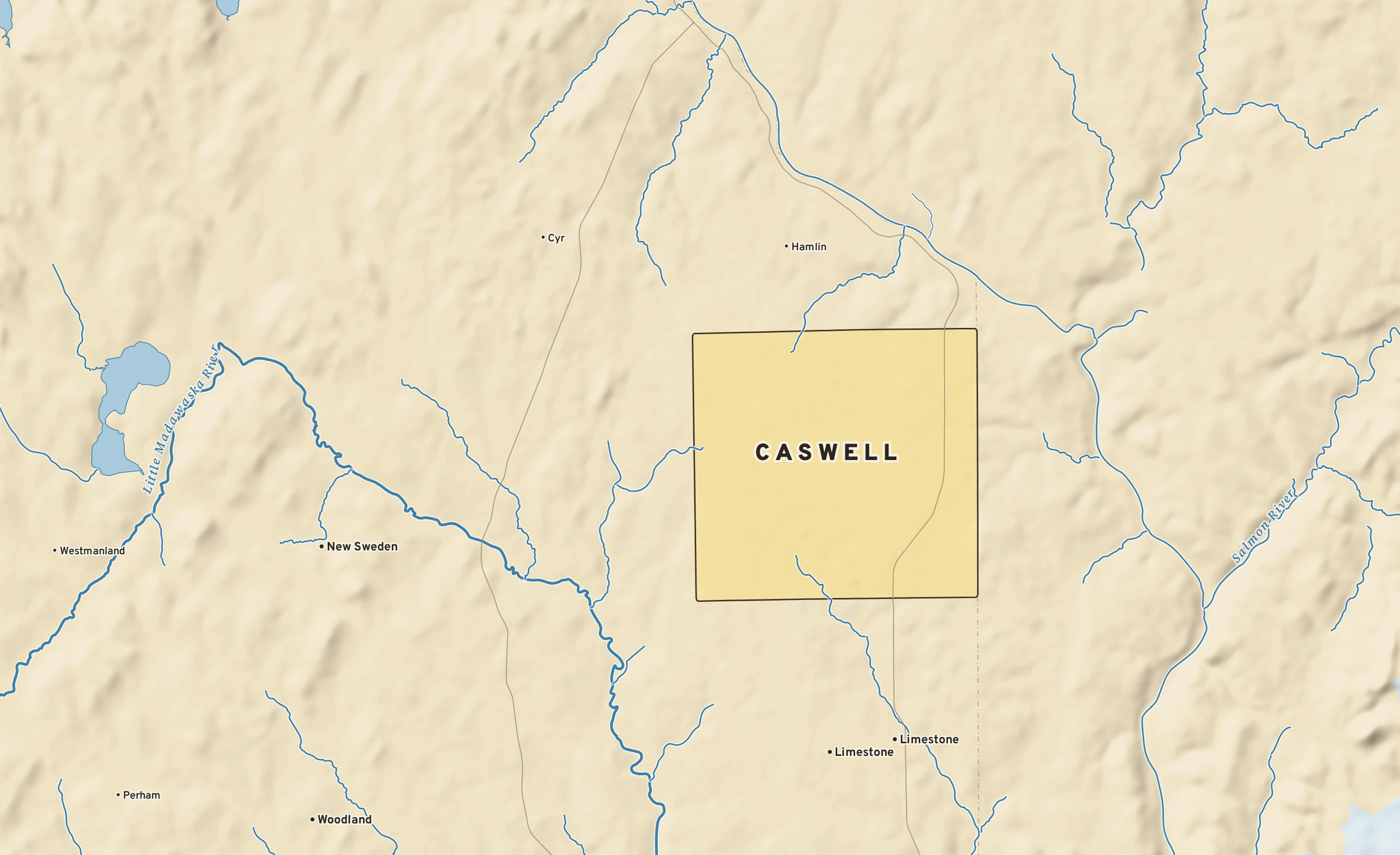 Shaded-relief atlas plate of Caswell, Maine: rivers, roads, the city limits and where the water drains.