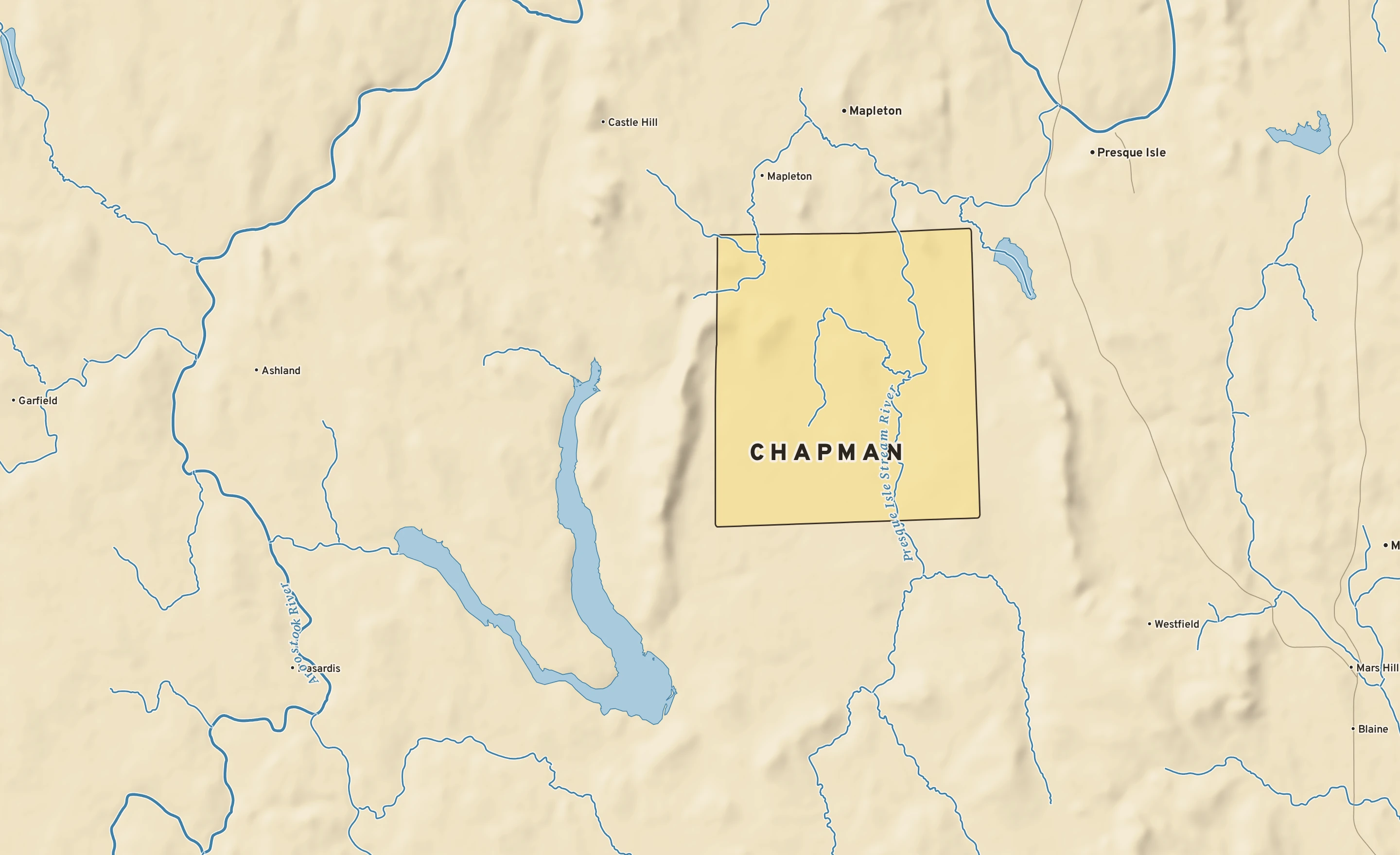 Shaded-relief atlas plate of Chapman, Maine: rivers, roads, the city limits and where the water drains.