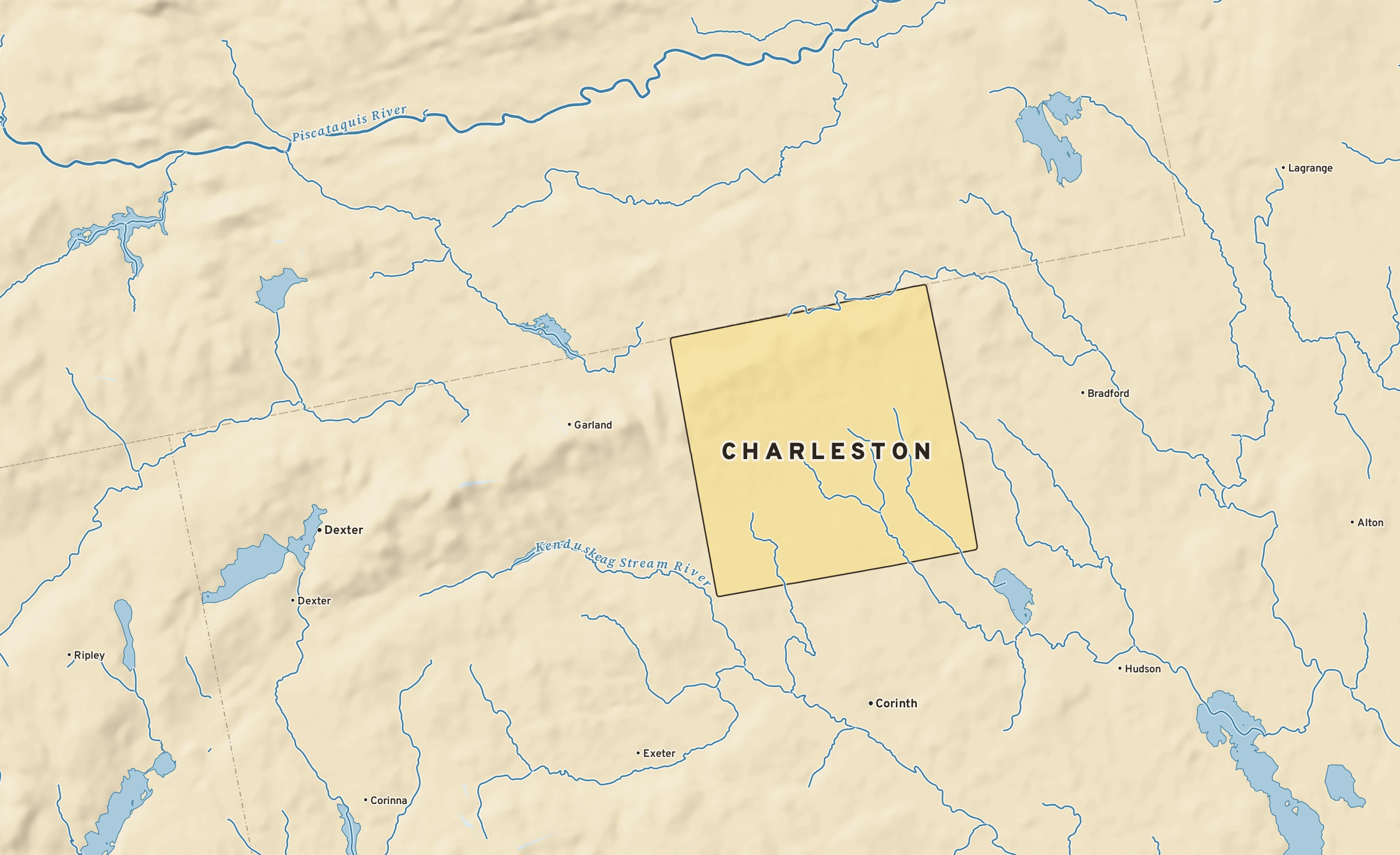 Shaded-relief atlas plate of Charleston, Maine: rivers, roads, the city limits and where the water drains.
