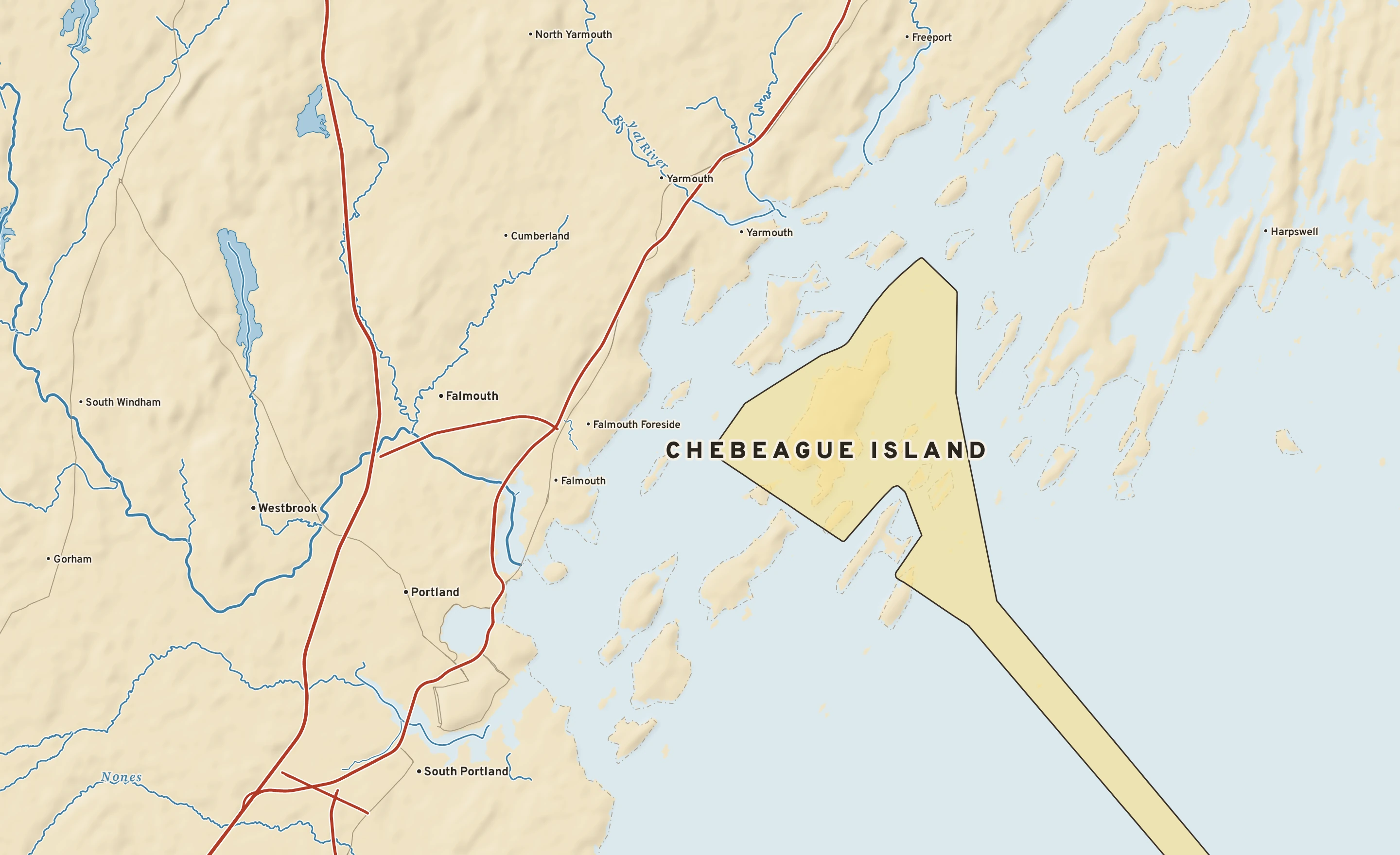 Shaded-relief atlas plate of Chebeague Island, Maine: rivers, roads, the city limits and where the water drains.