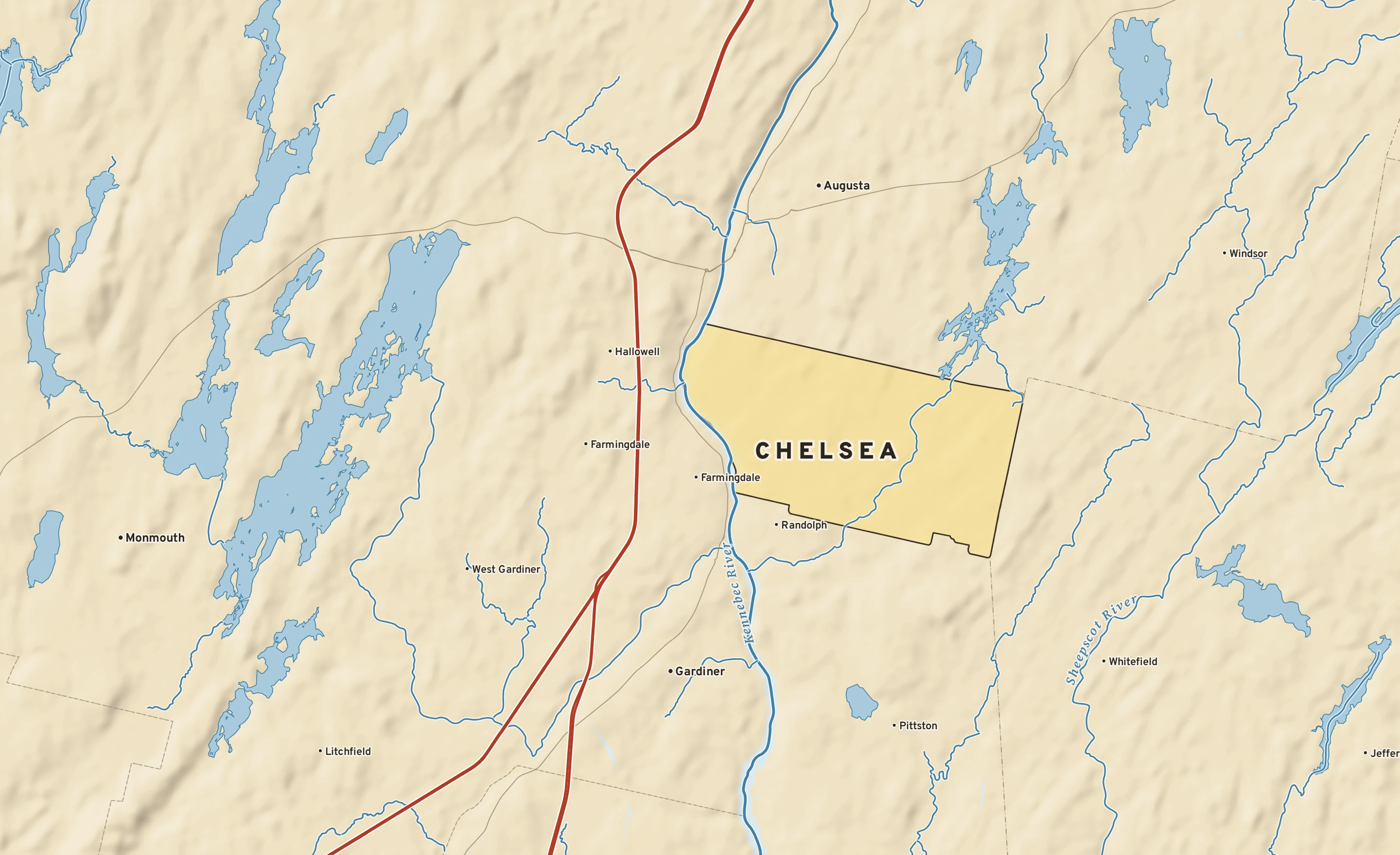 Shaded-relief atlas plate of Chelsea, Maine: rivers, roads, the city limits and where the water drains.