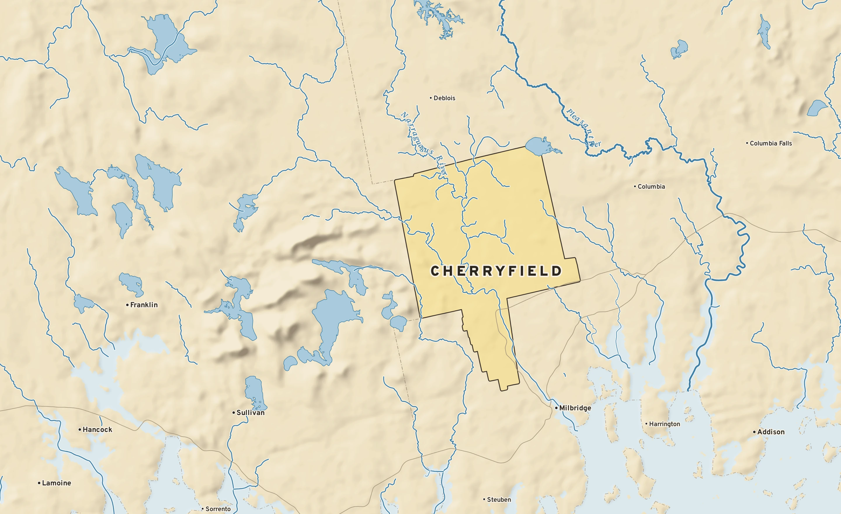 Shaded-relief atlas plate of Cherryfield, Maine: rivers, roads, the city limits and where the water drains.