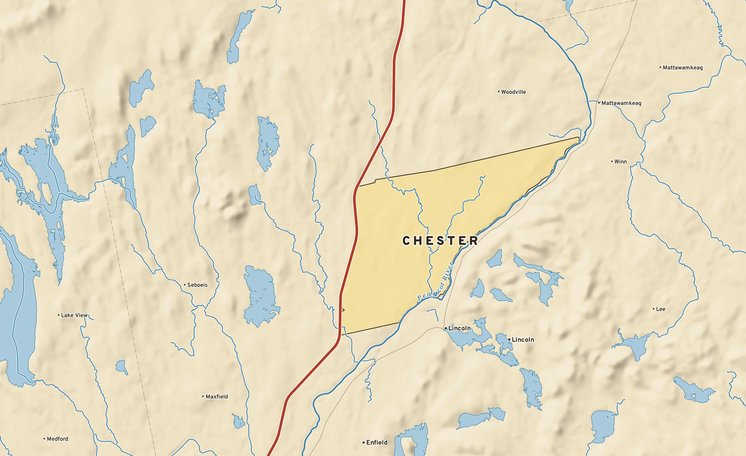 Shaded-relief atlas plate of Chester, Maine: rivers, roads, the city limits and where the water drains.