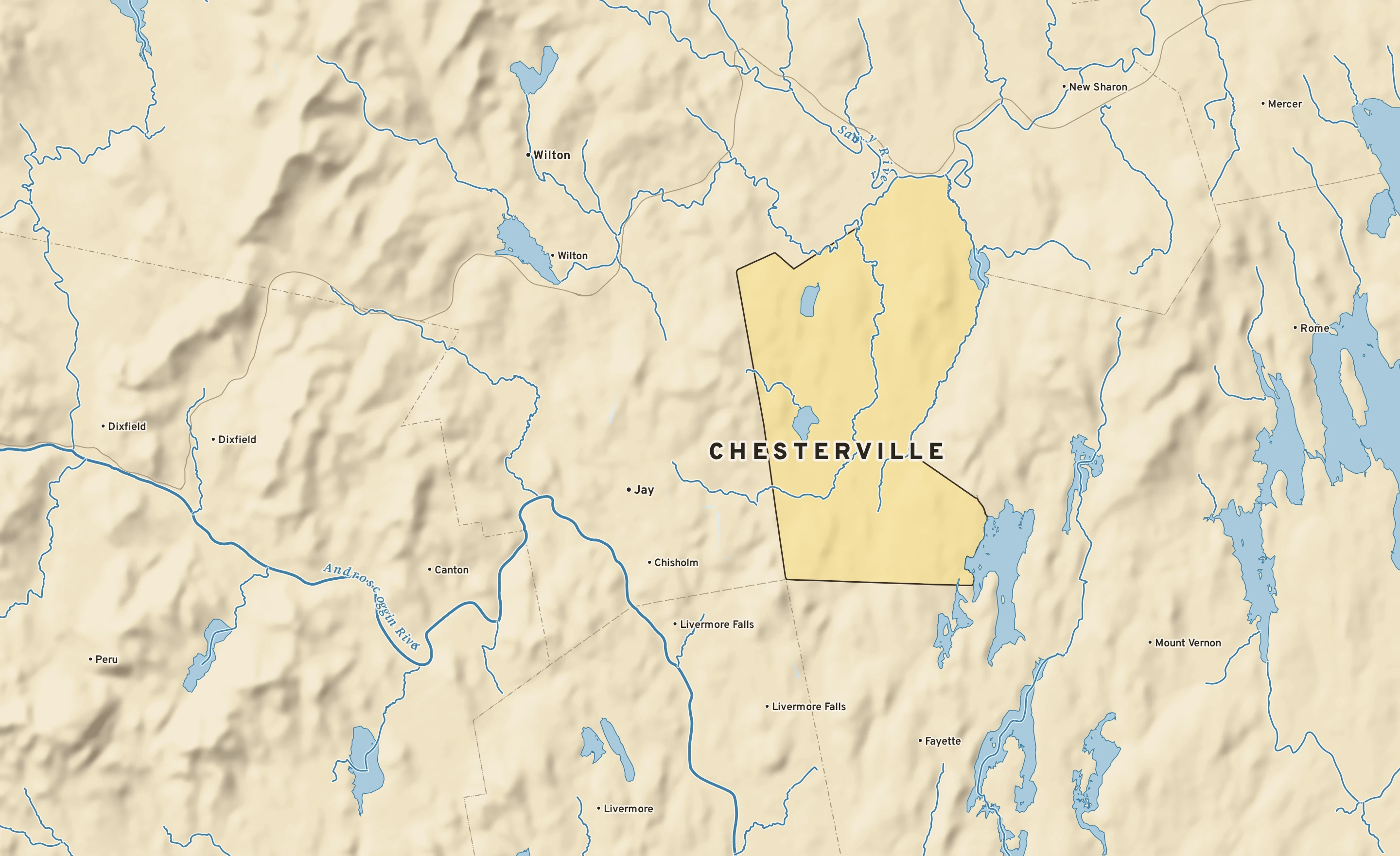Shaded-relief atlas plate of Chesterville, Maine: rivers, roads, the city limits and where the water drains.
