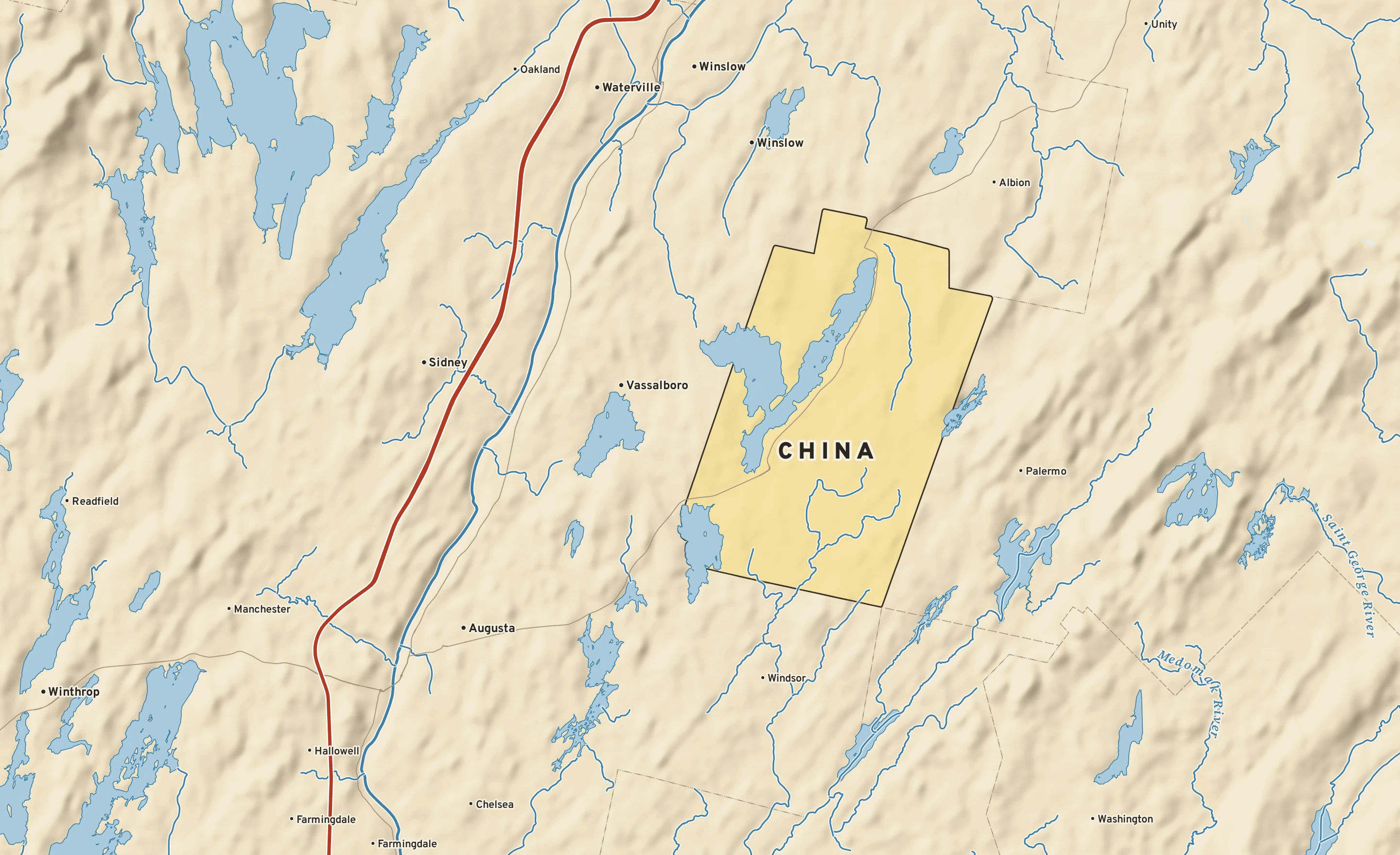 Shaded-relief atlas plate of China, Maine: rivers, roads, the city limits and where the water drains.